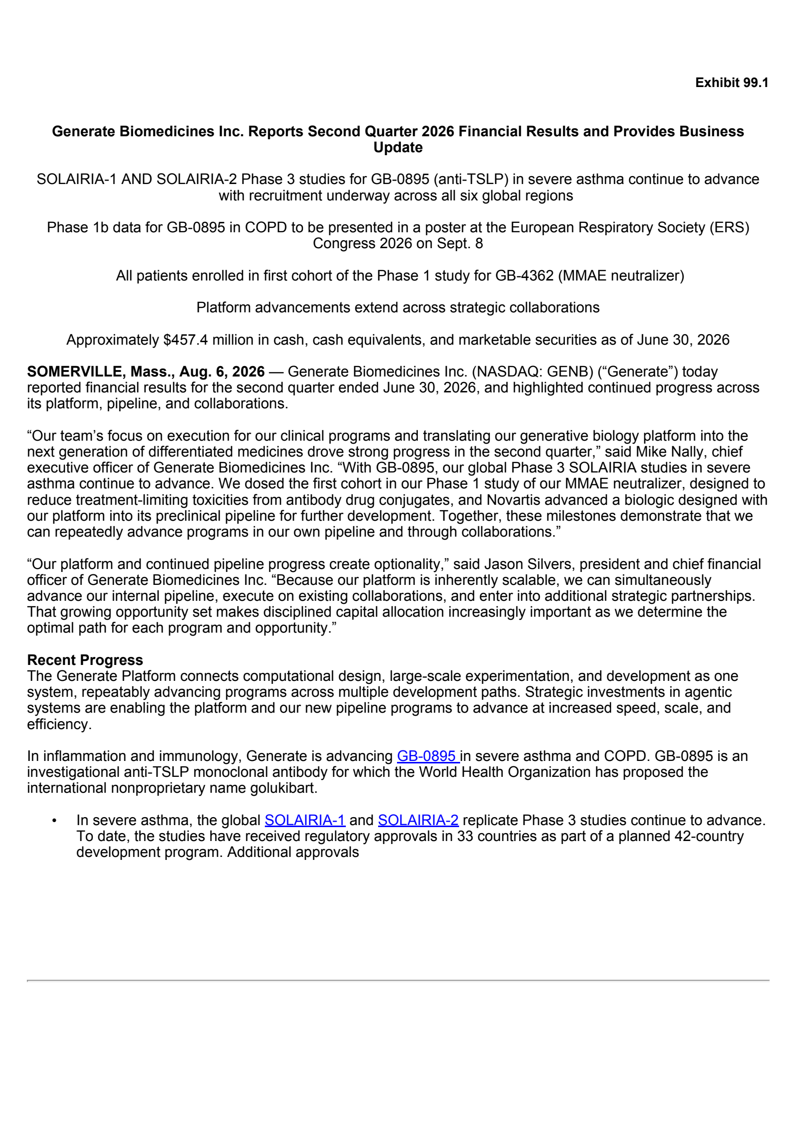 Generate Biomedicines' Q2 2026 Press Release