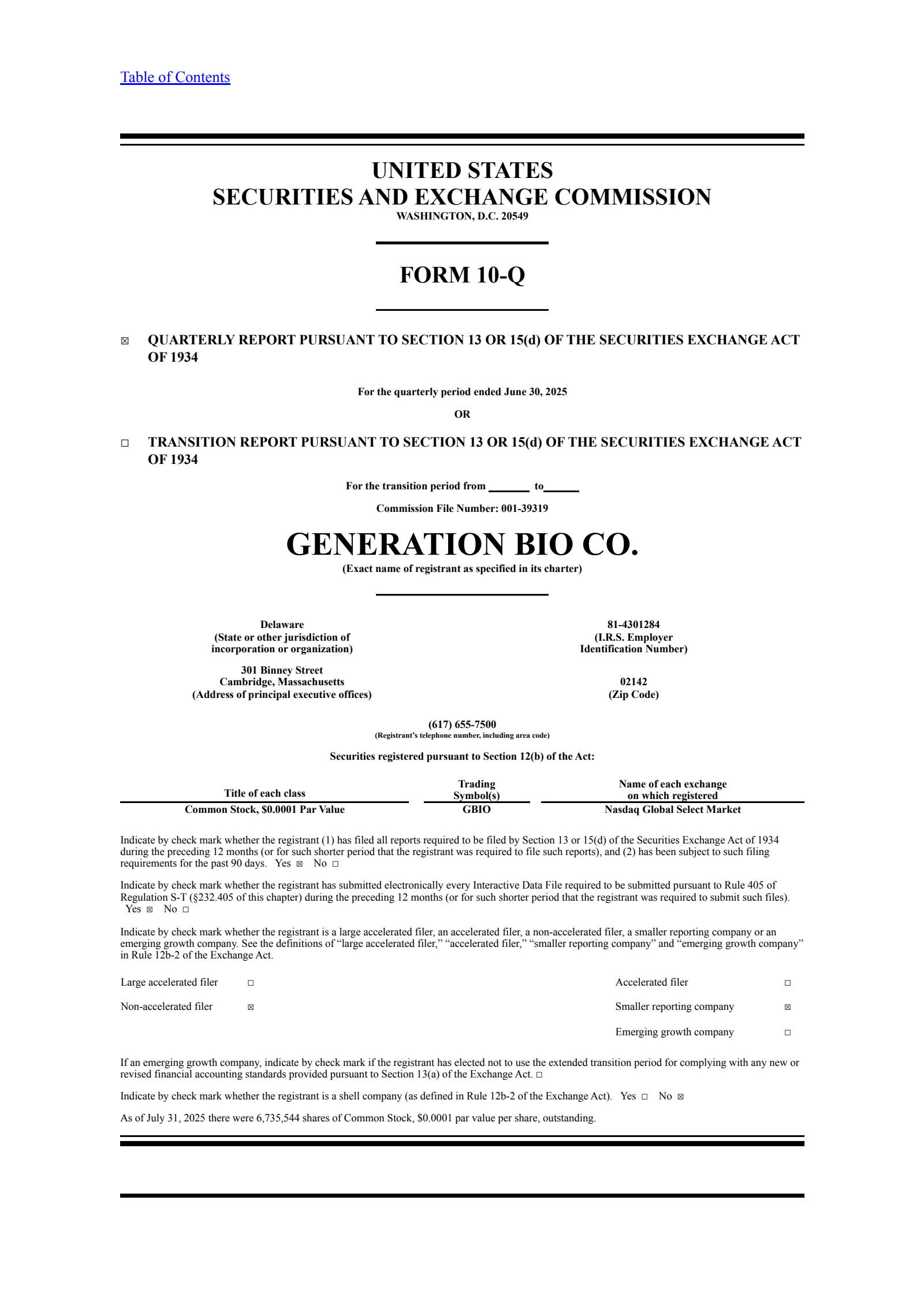 Generation Bio's Q2 2025 Quarterly report