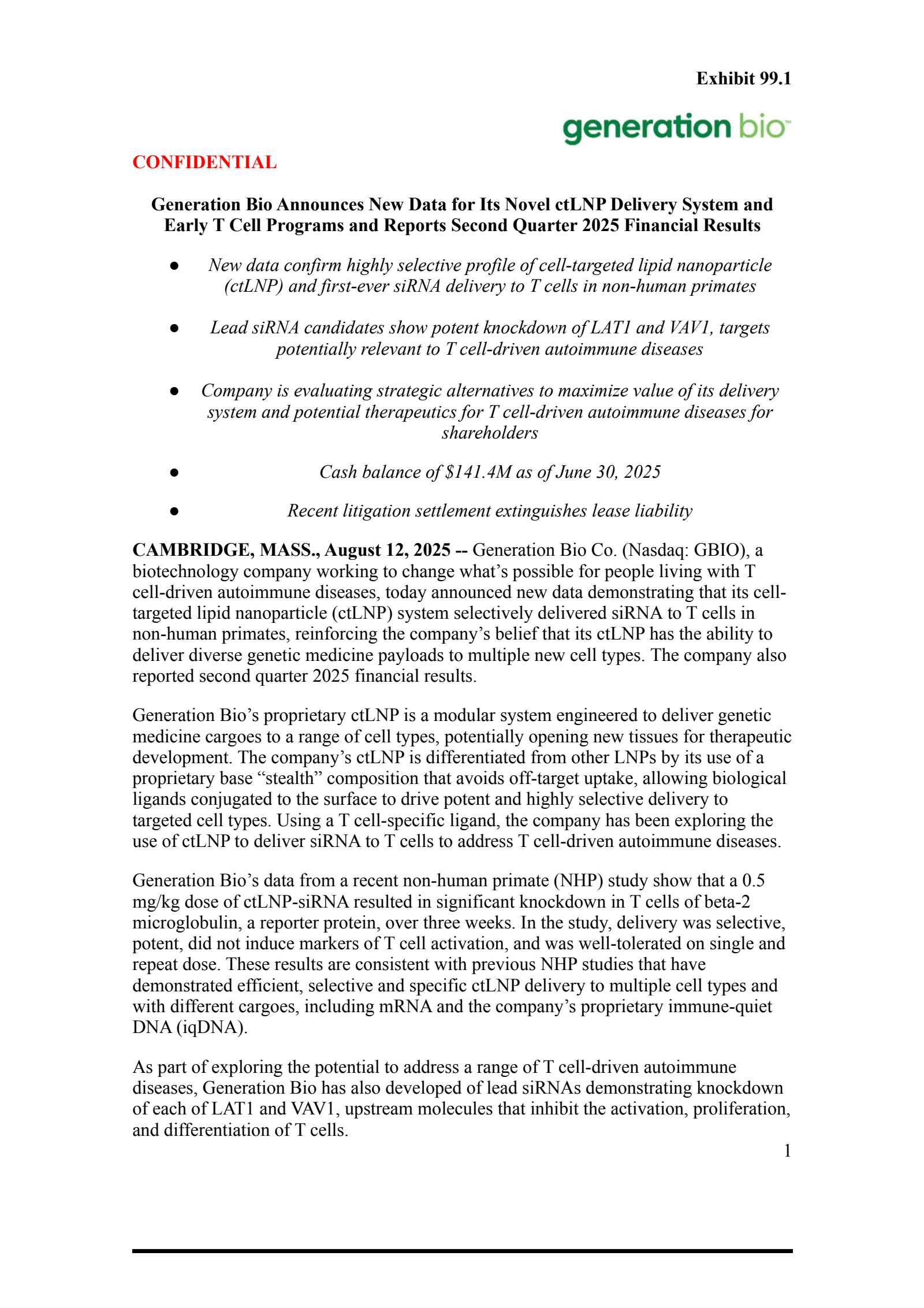 Generation Bio's Q2 2025 Press Release