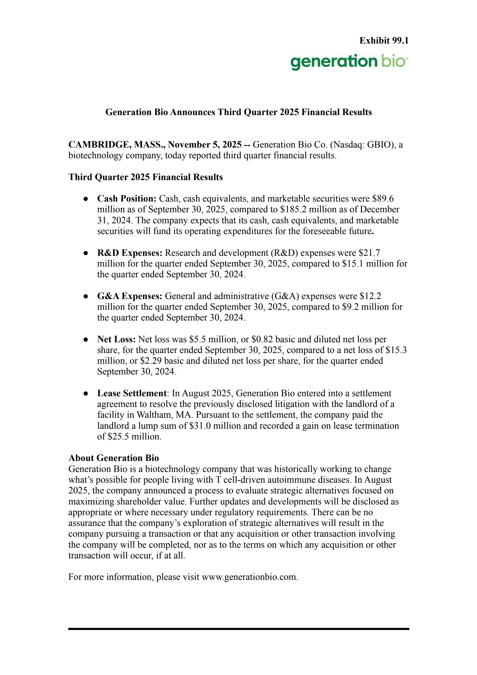 Generation Bio's Q3 2025 Earnings Release