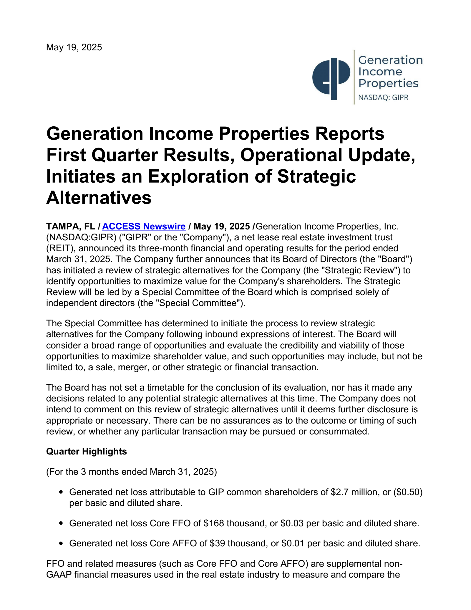 Generation Income Properties' Q1 2025 Press Release