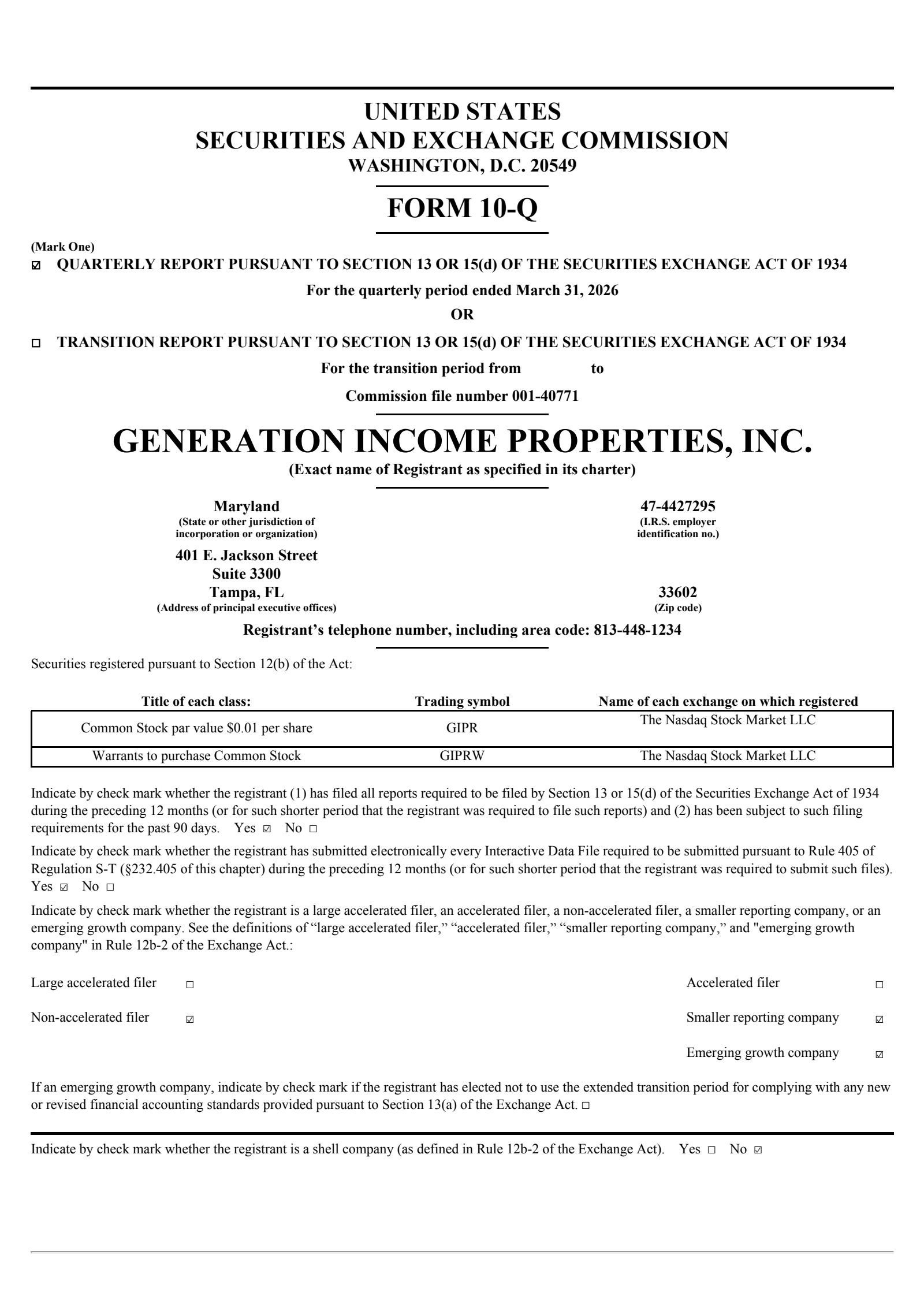 Generation Income Properties' Q1 2026 Quarterly report