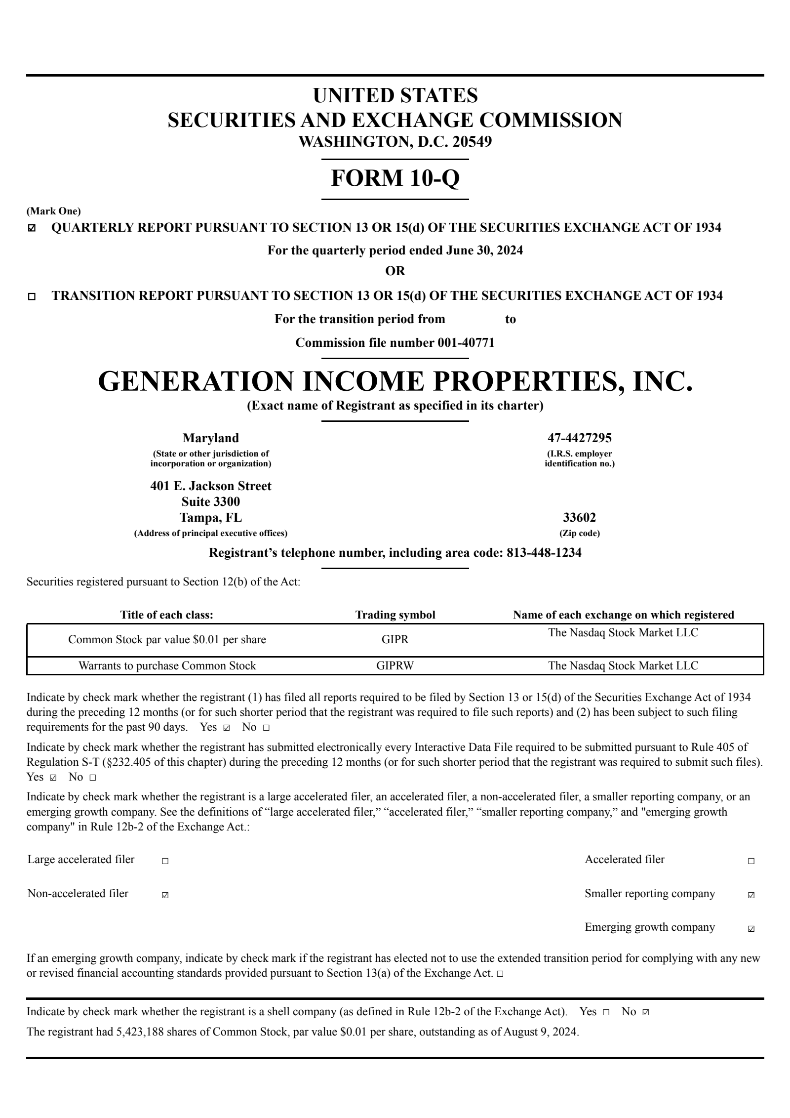Generation Income Properties' Q2 2024 Quarterly report