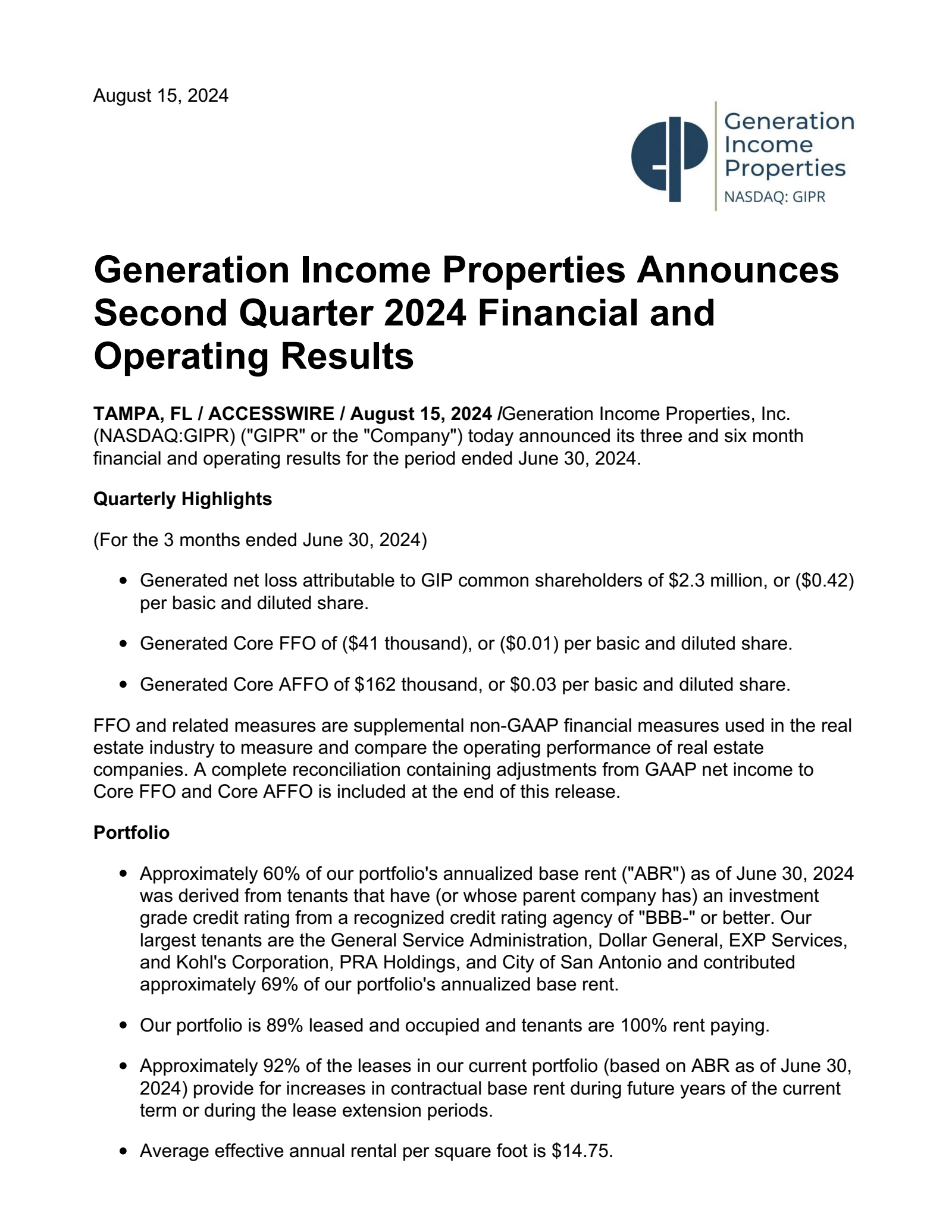 Generation Income Properties' Q2 2024 Press Release