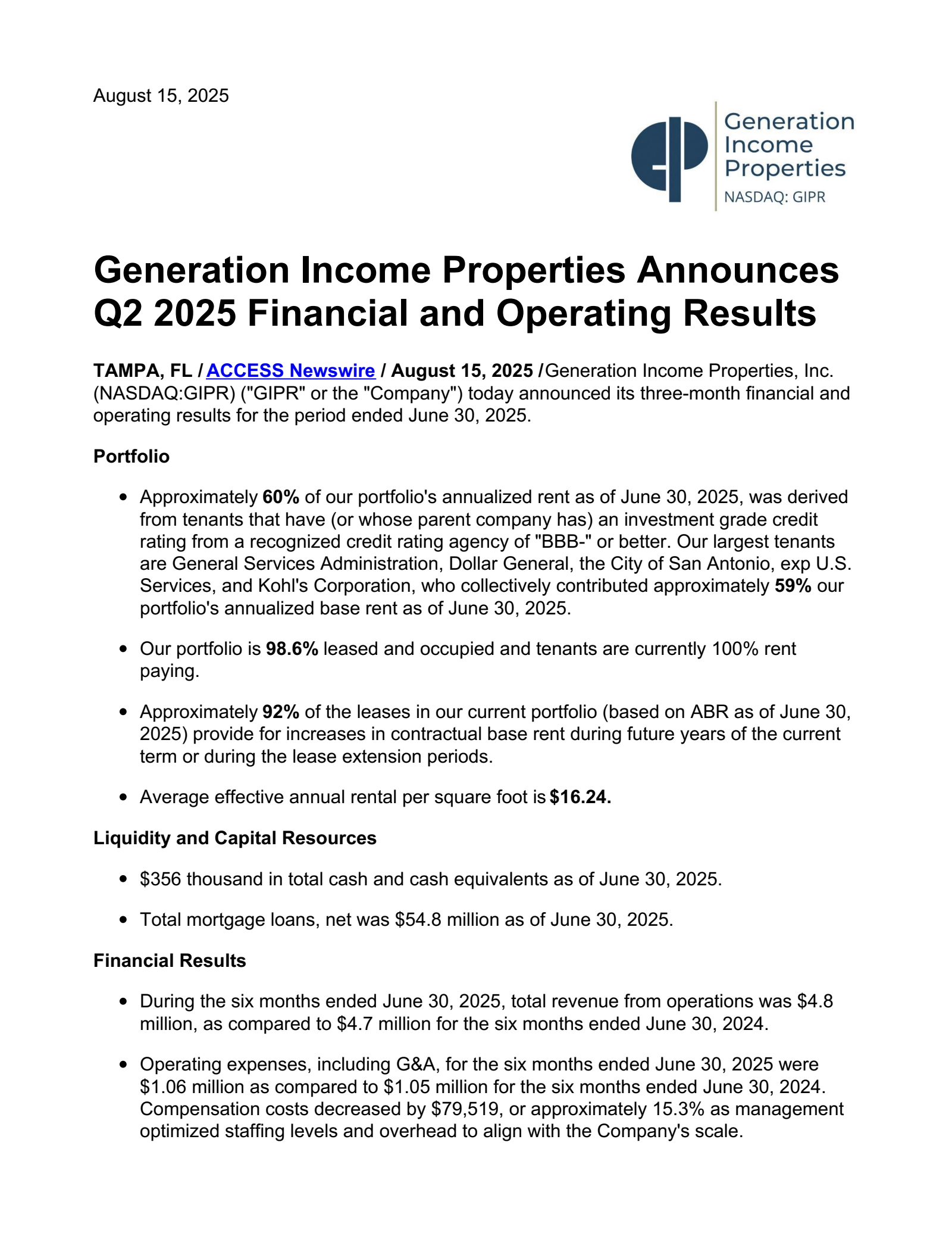 Generation Income Properties' Q2 2025 Press Release