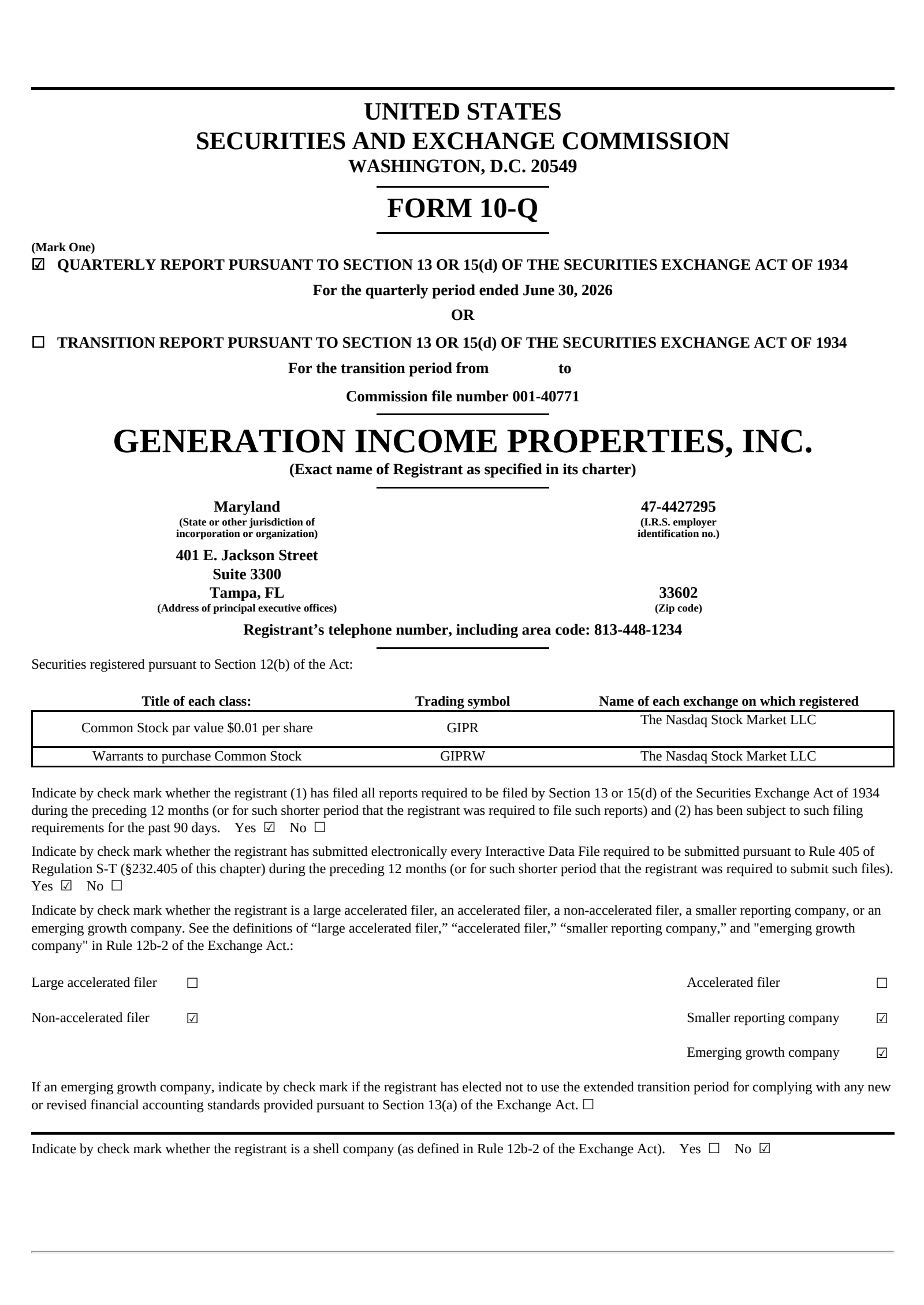 Generation Income Properties' Q2 2026 Quarterly report