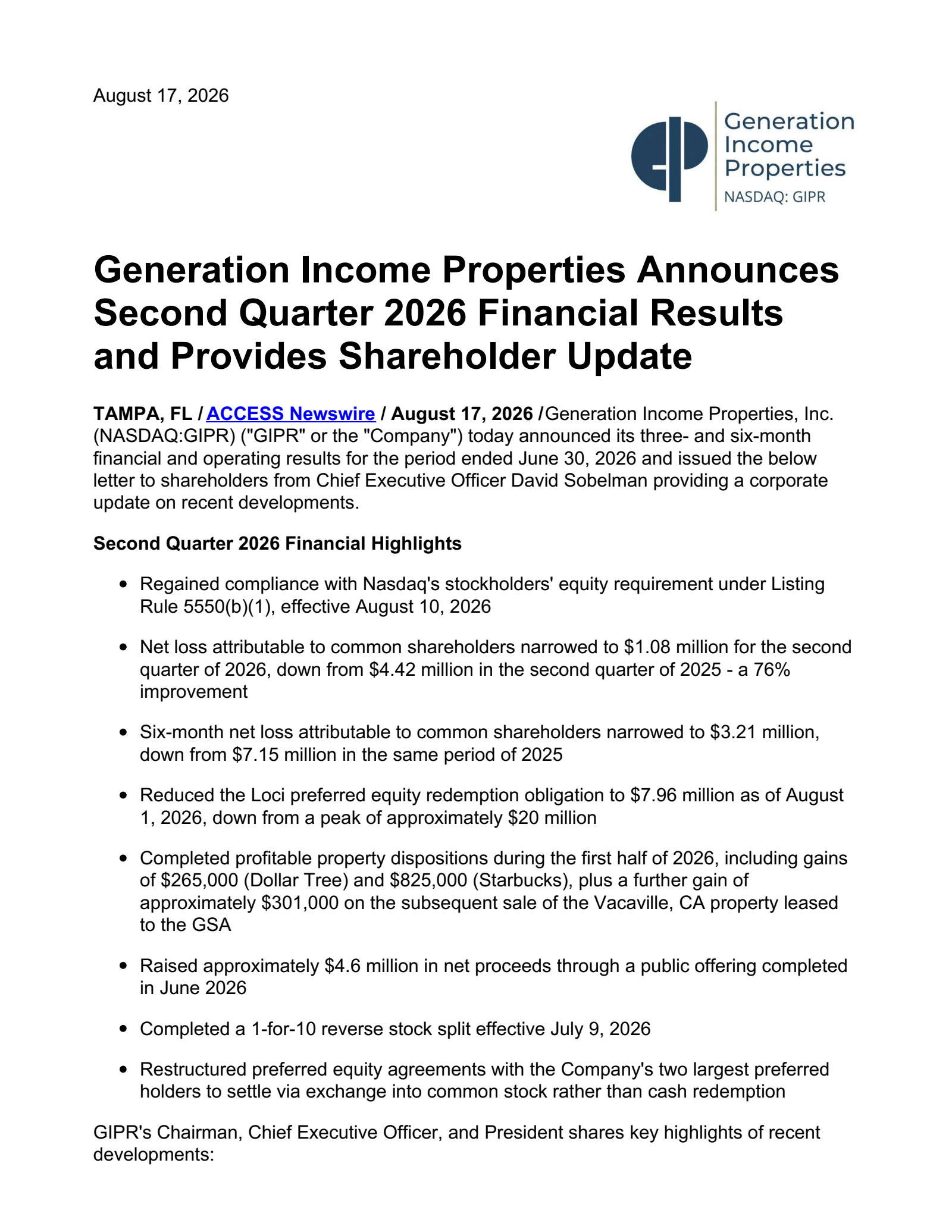 Generation Income Properties' Q2 2026 Press Release