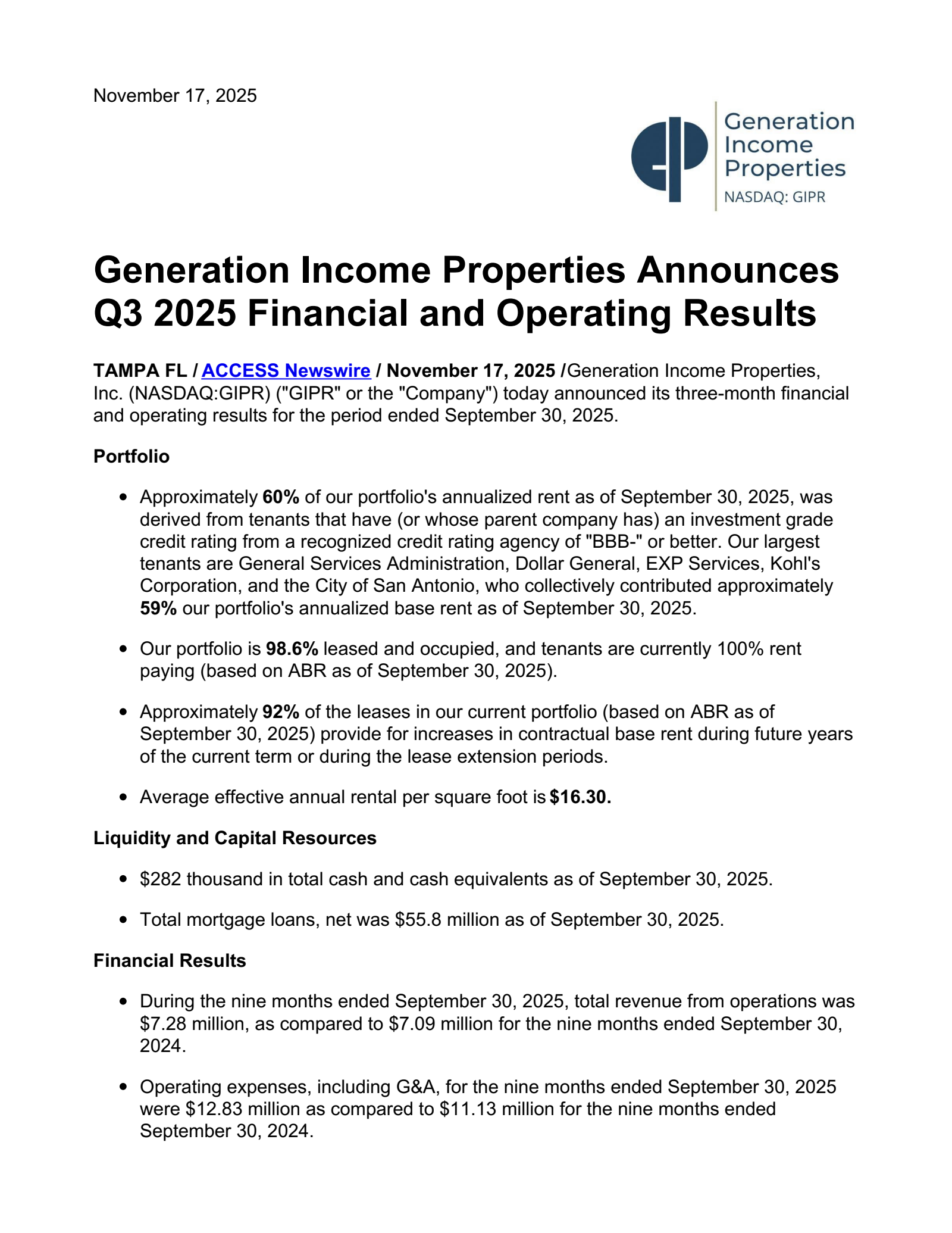 Generation Income Properties' Q3 2025 Press Release