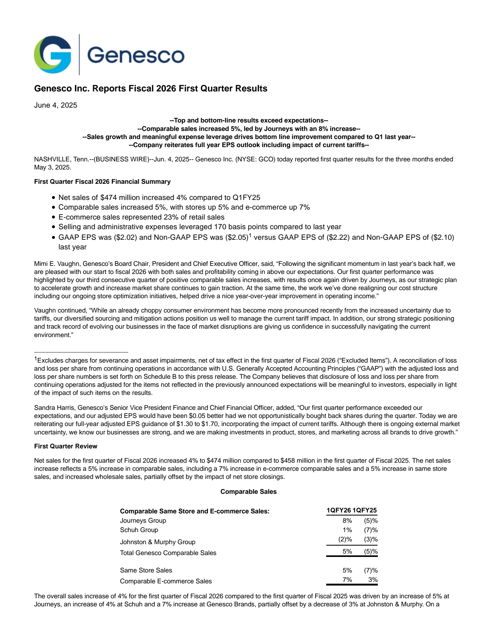 Genesco's Q1 2026 Press Release