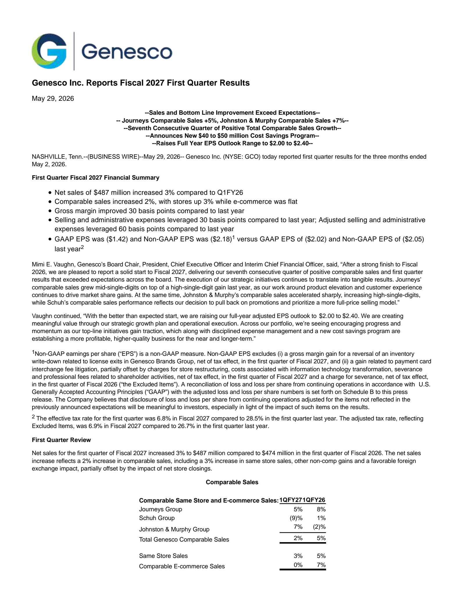 Genesco's Q1 2027 Press Release