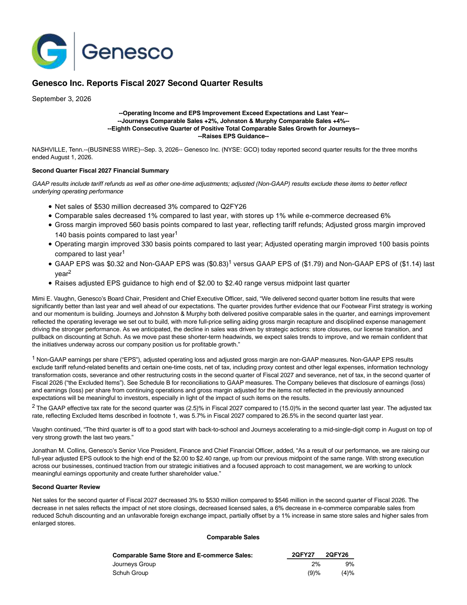 Genesco's Q2 2027 Press Release