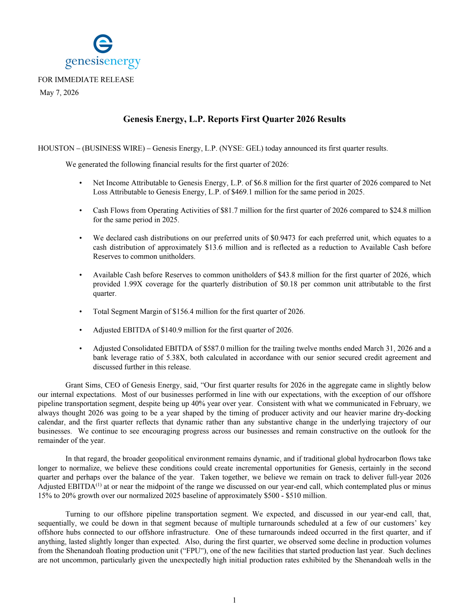 Genesis Energy's Q1 2026 Press Release