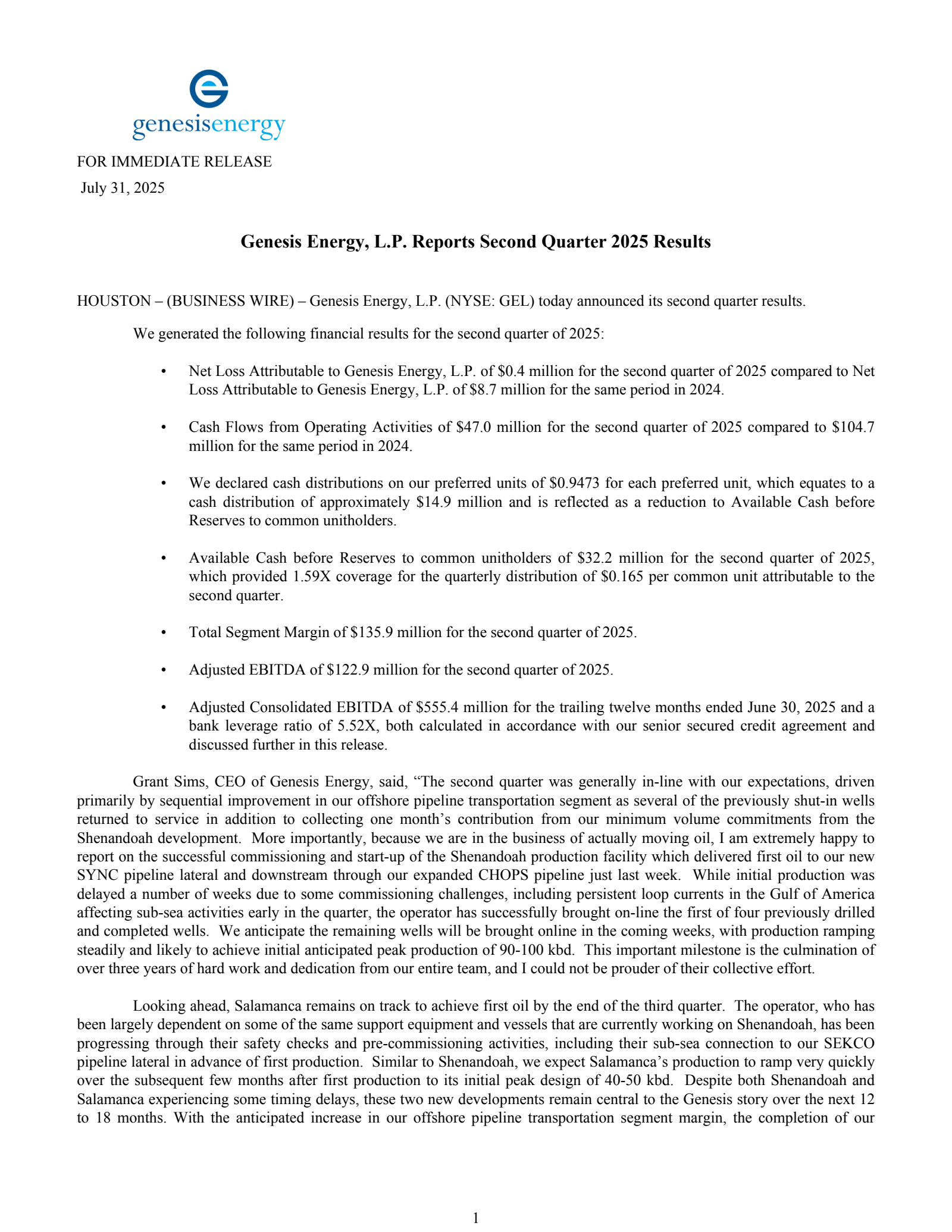 Genesis Energy's Q2 2025 Press Release