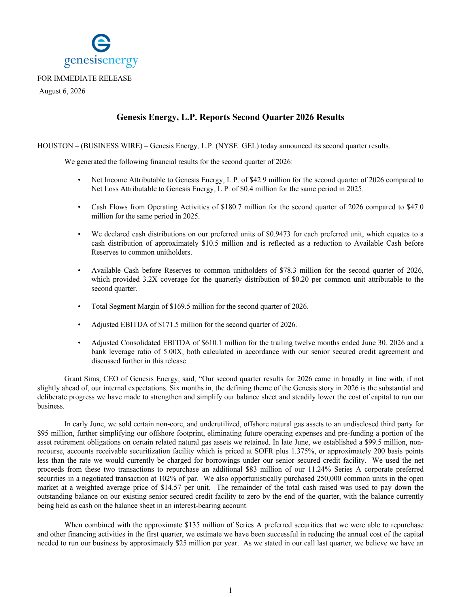 Genesis Energy's Q2 2026 Press Release