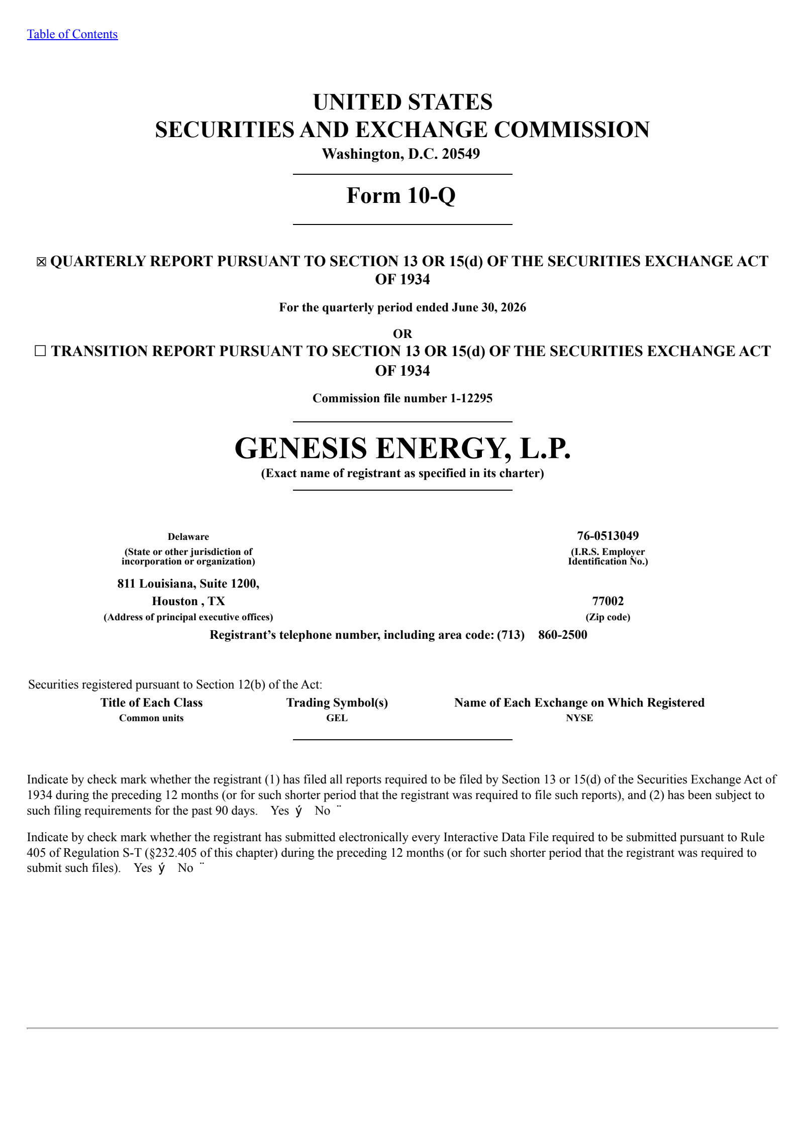 Genesis Energy's Q2 2026 Quarterly report
