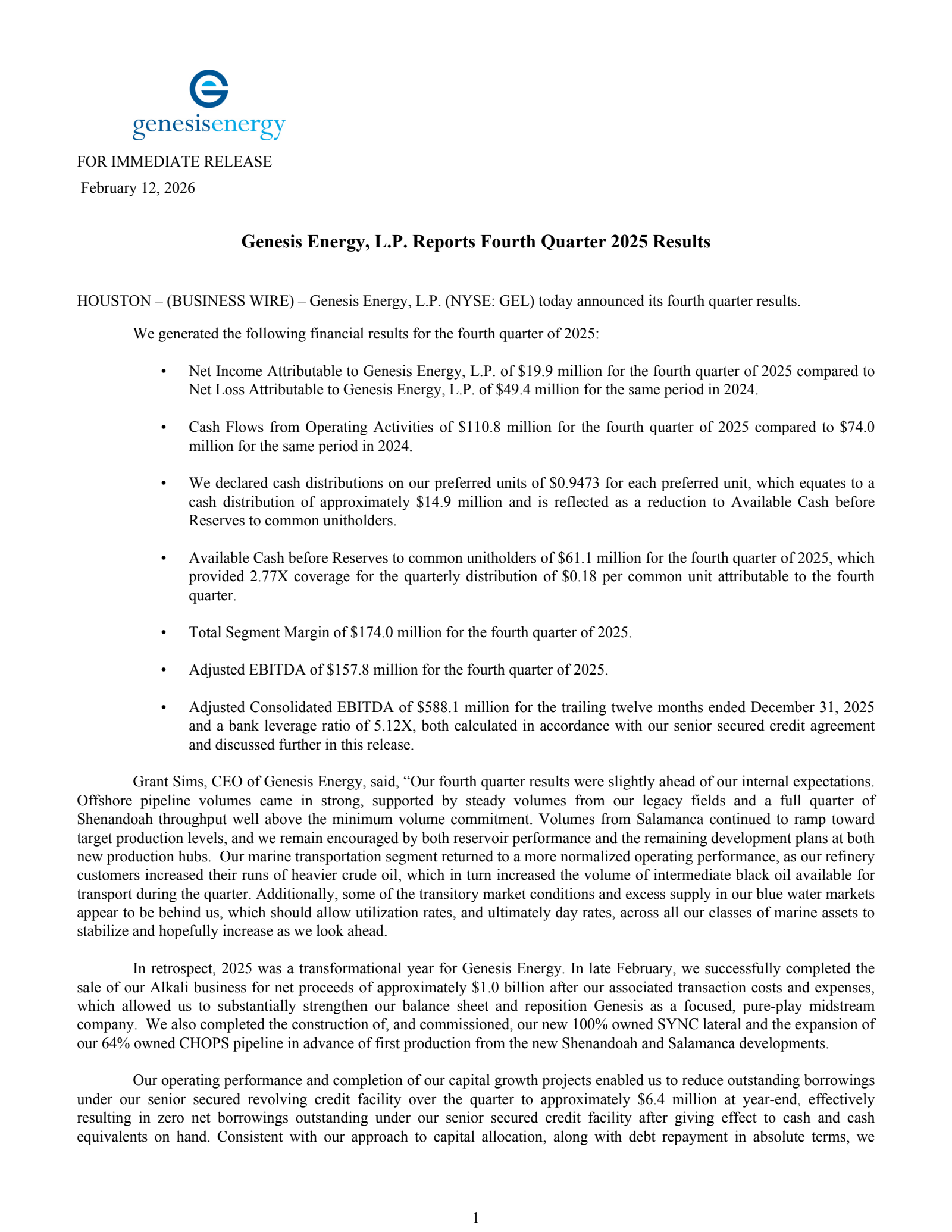 Genesis Energy's Q4 2025 Press Release