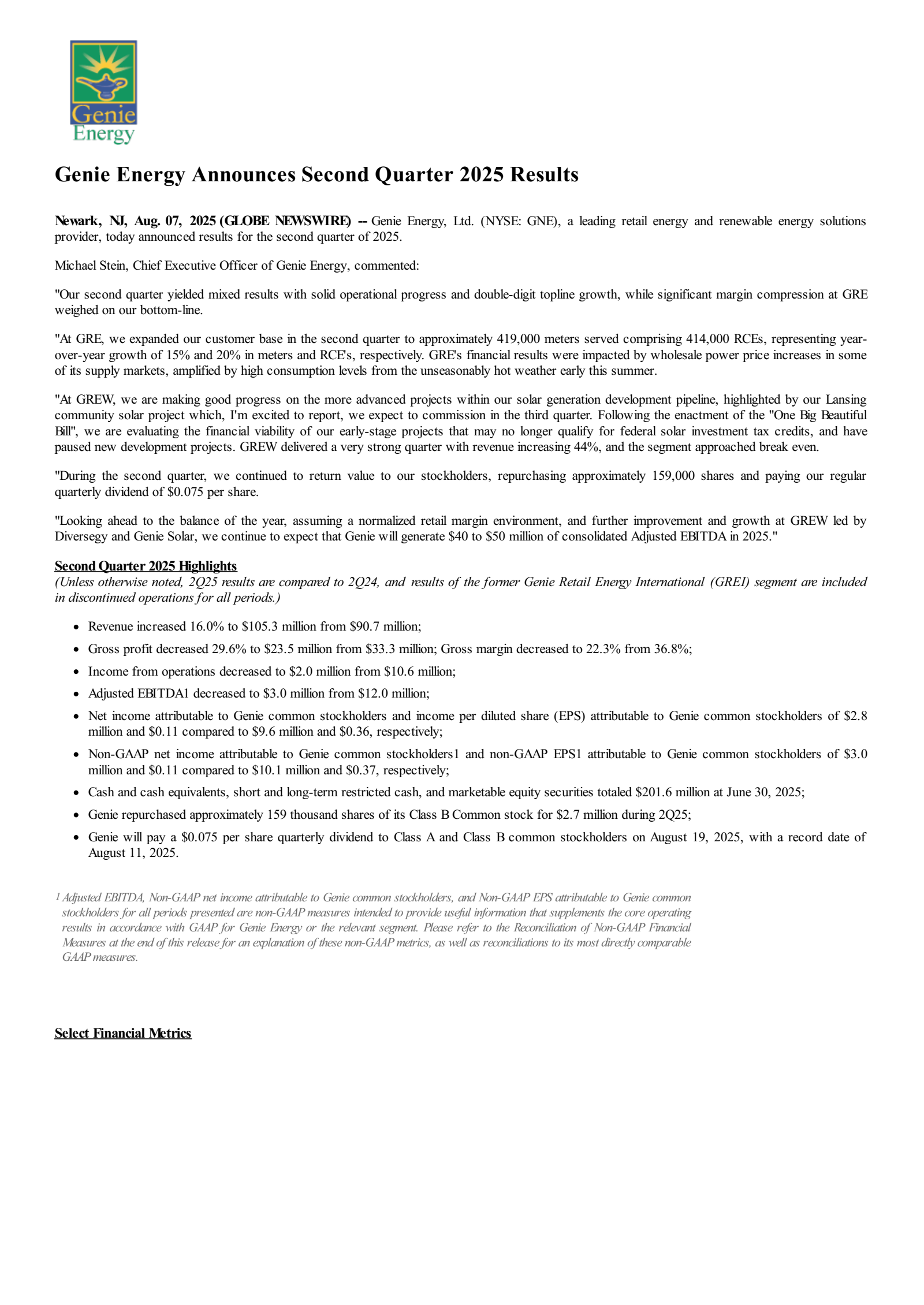 Genie Energy's Q2 2025 Press Release
