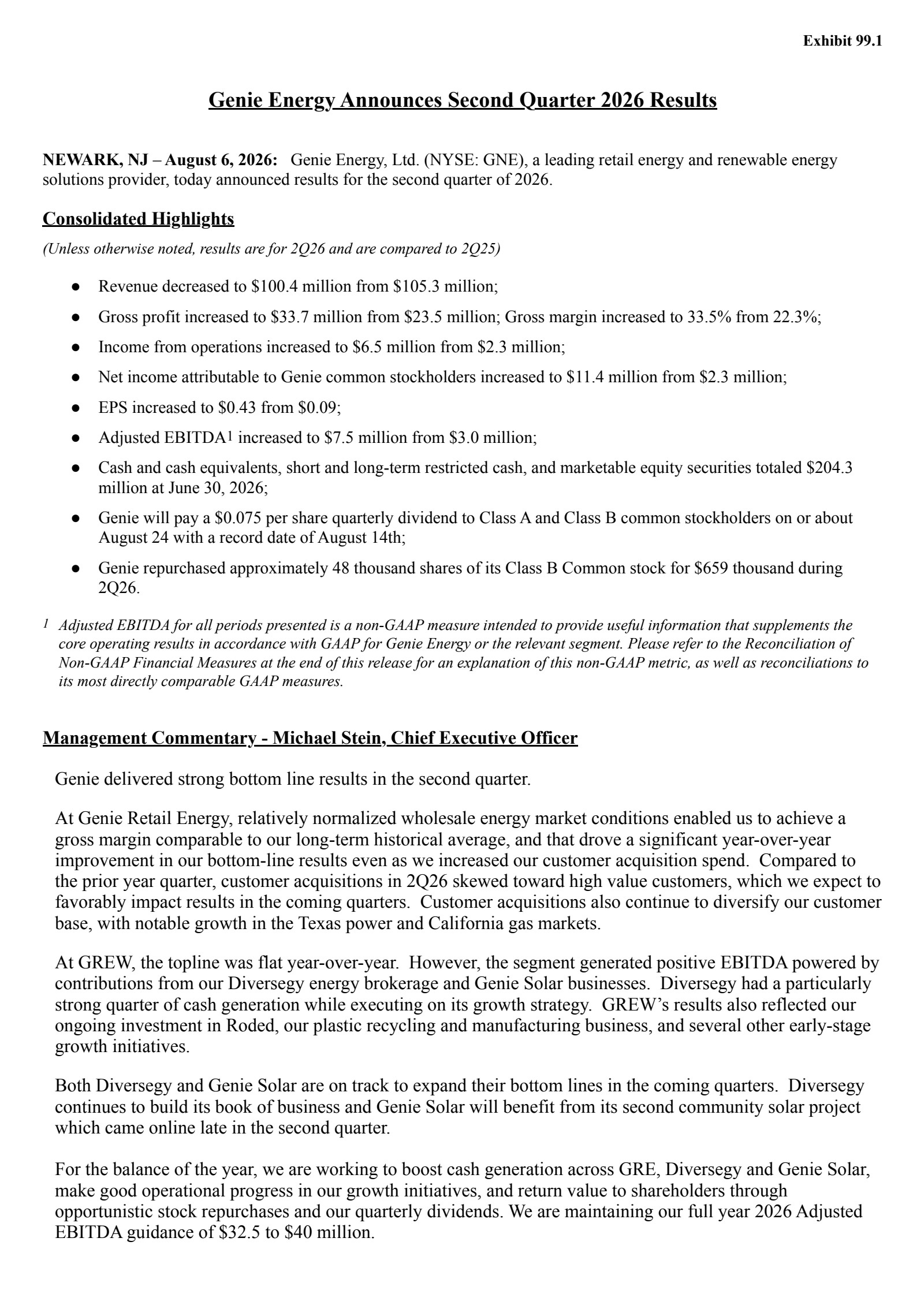 Genie Energy's Q2 2026 Press Release