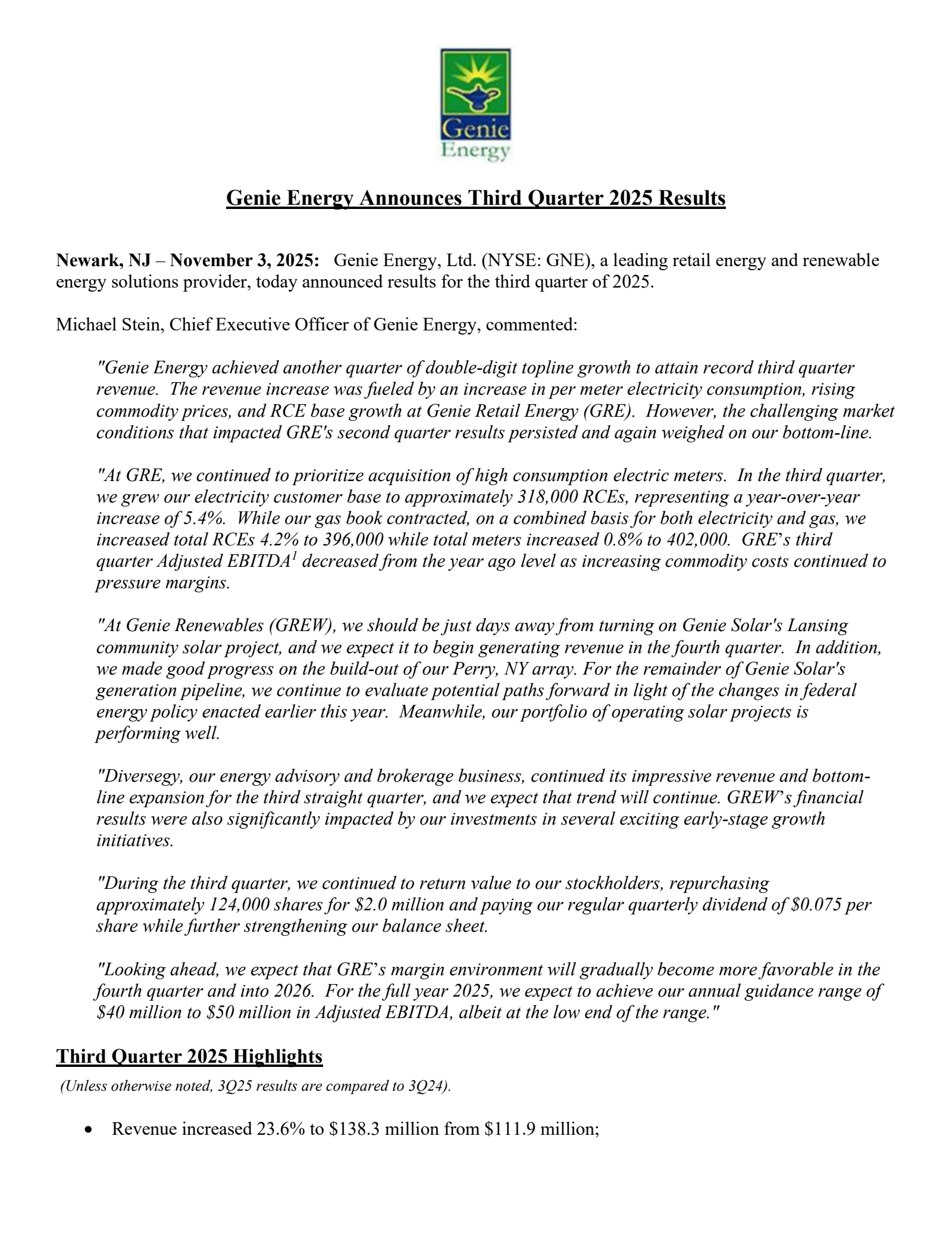 Genie Energy's Q3 2025 Earnings Release