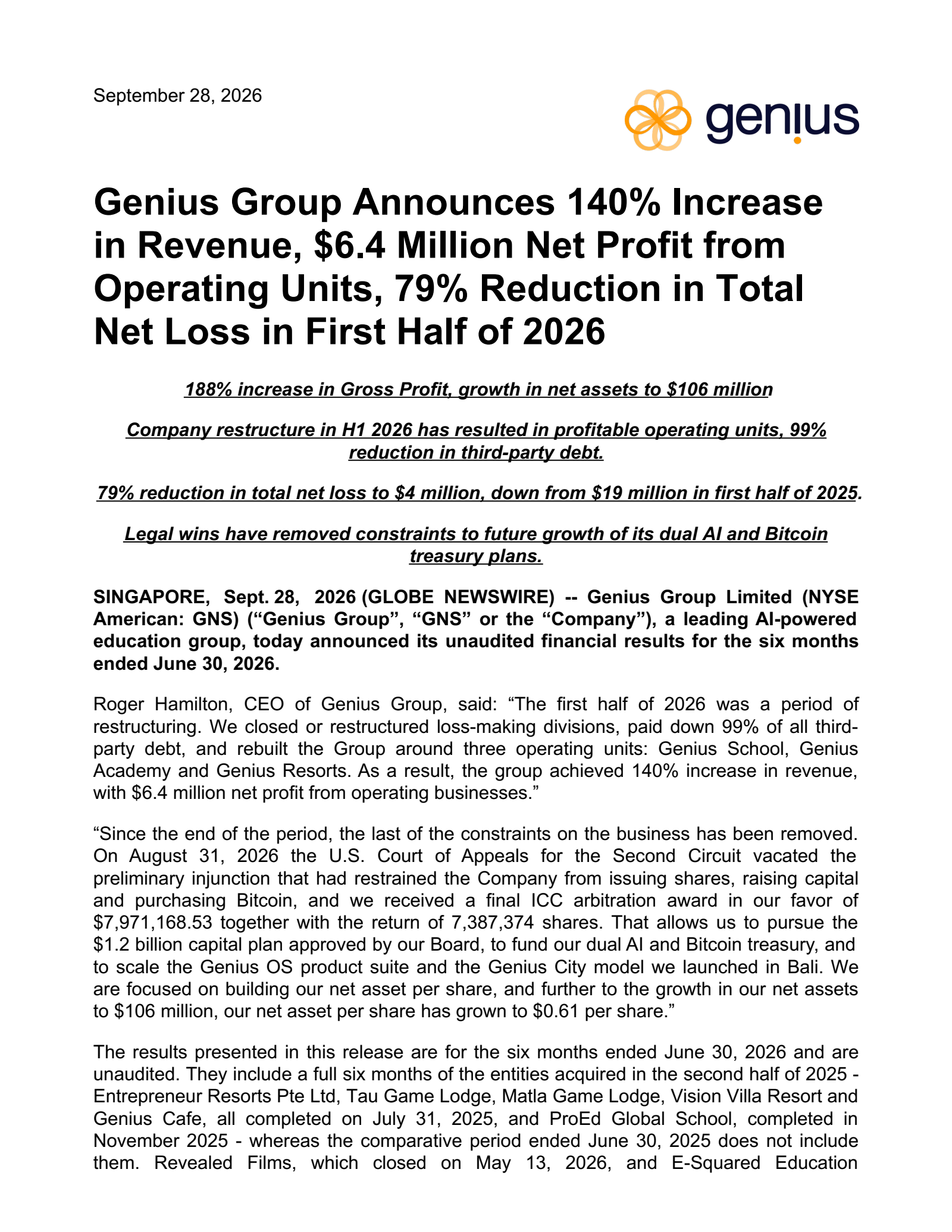Genius Group's H1 2026 Press Release