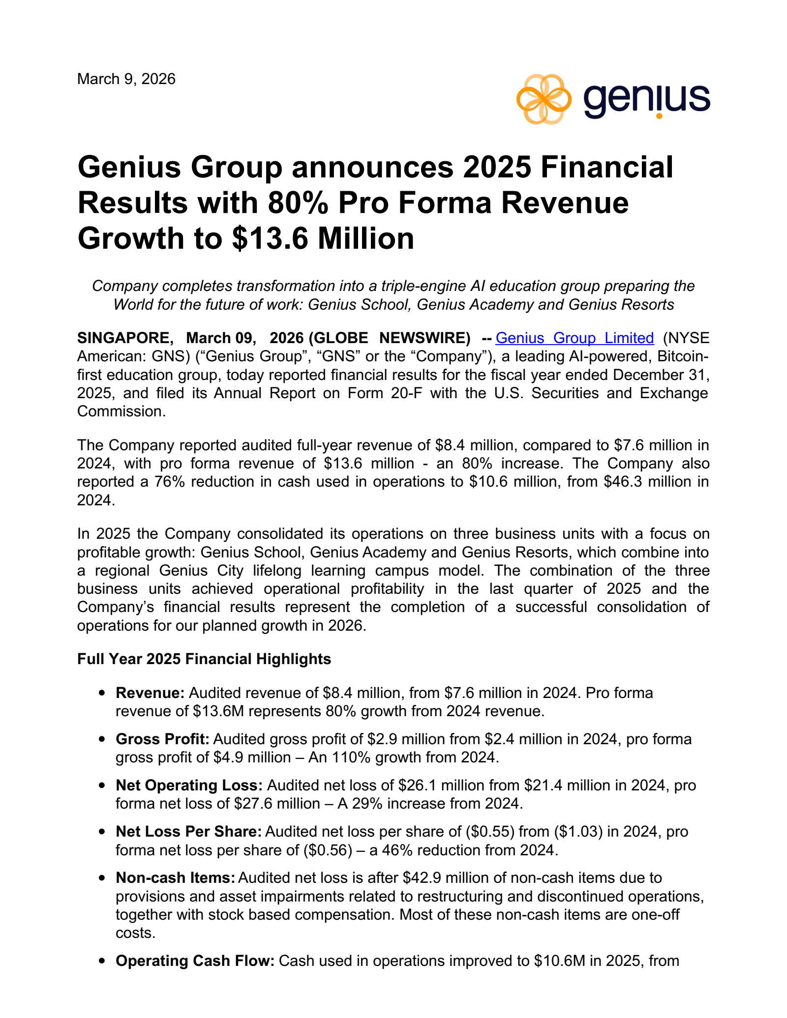 Genius Group's H2 2025 Press Release