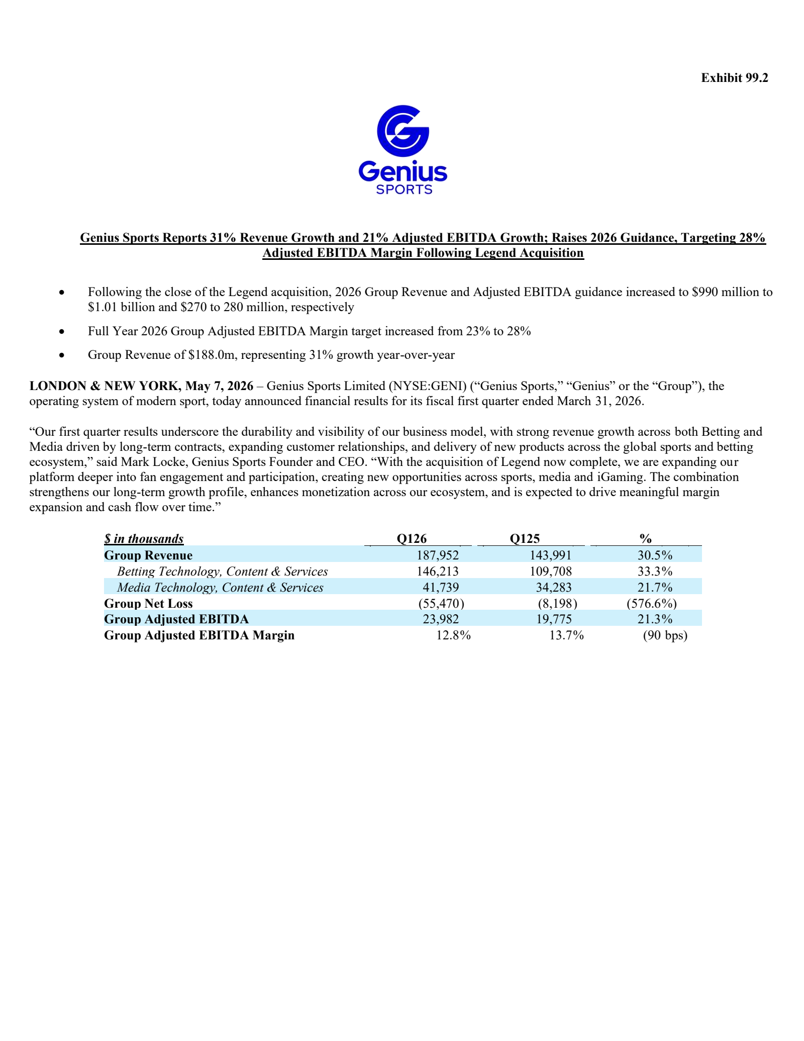 Genius Sports' Q1 2026 Press Release
