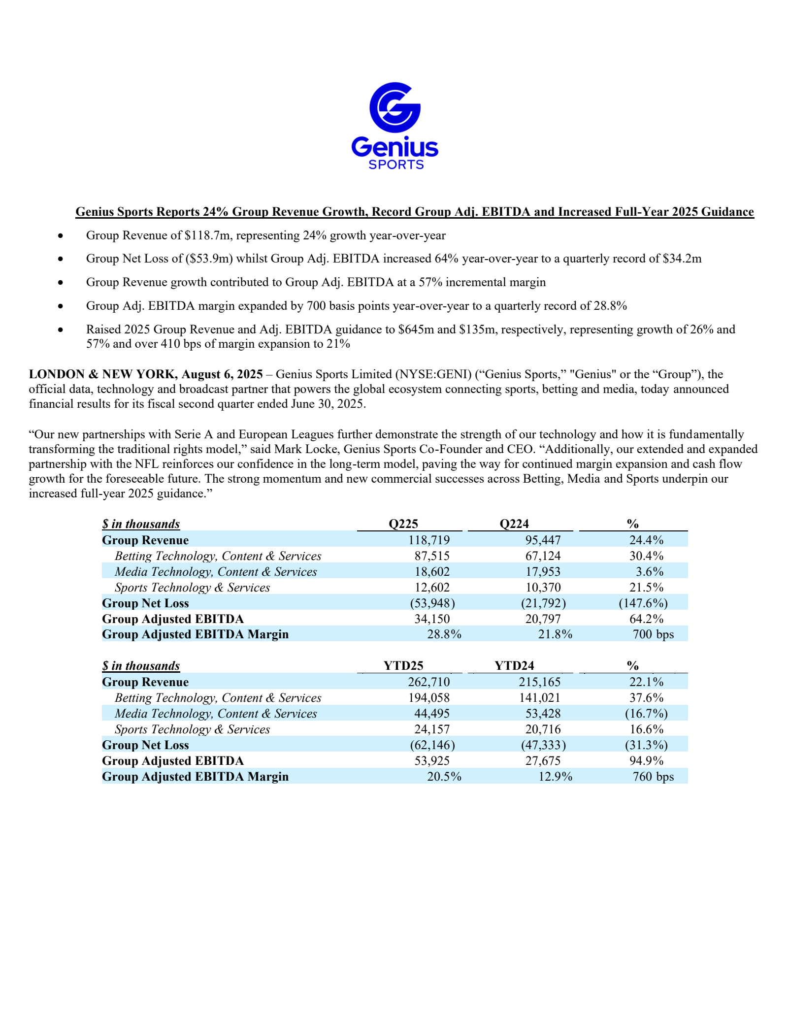 Genius Sports' Q2 2025 Press Release