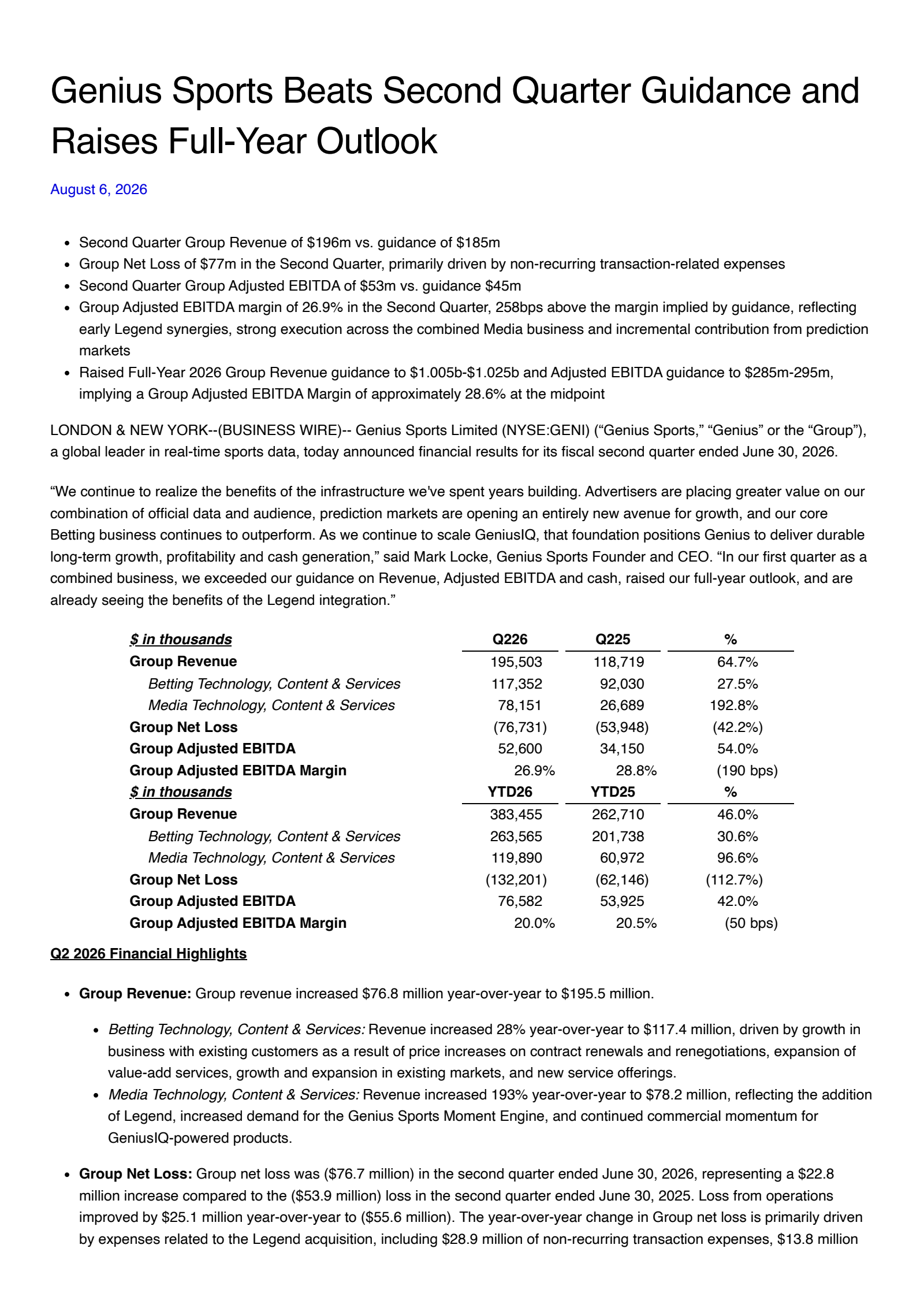 Genius Sports' Q2 2026 Press Release