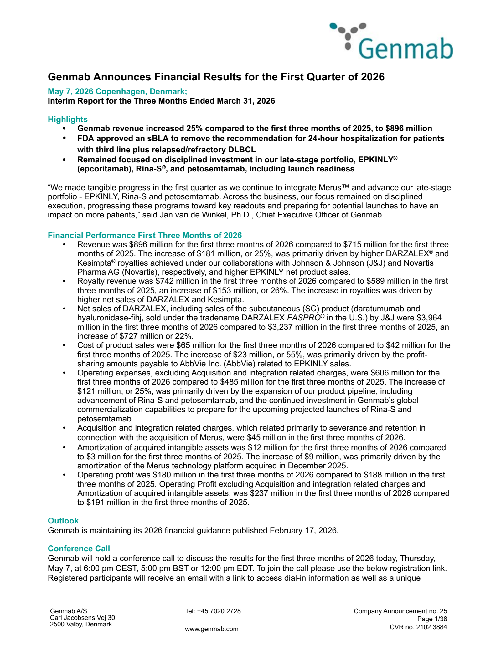 Genmab A/S's Q1 2026 Interim report
