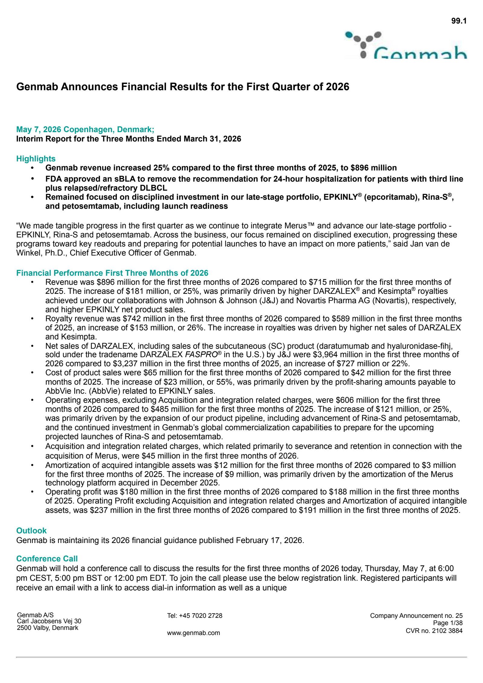 Genmab A/S's Q1 2026 Press Release
