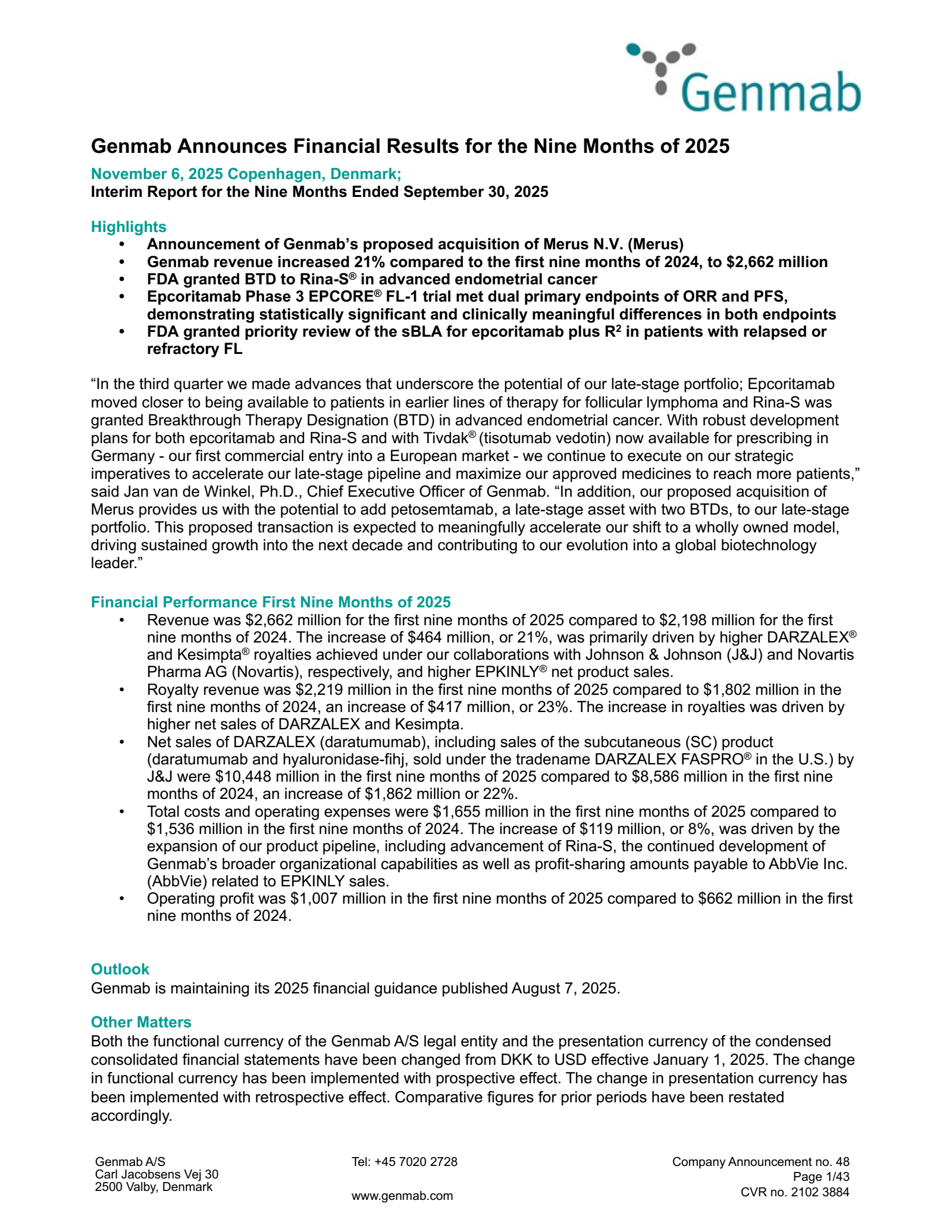 Genmab A/S's Q3 2025 Interim Report