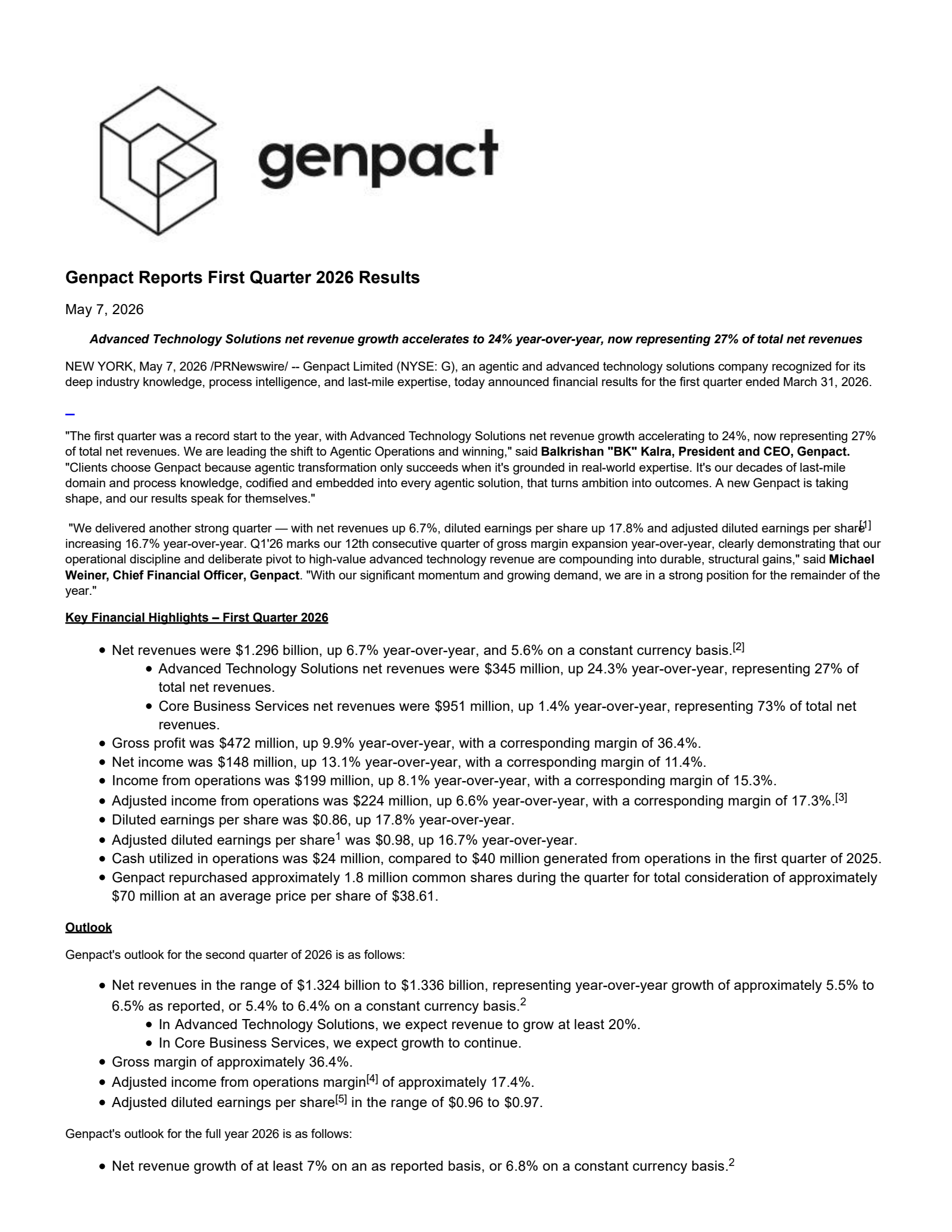 Genpact's Q1 2026 Press Release