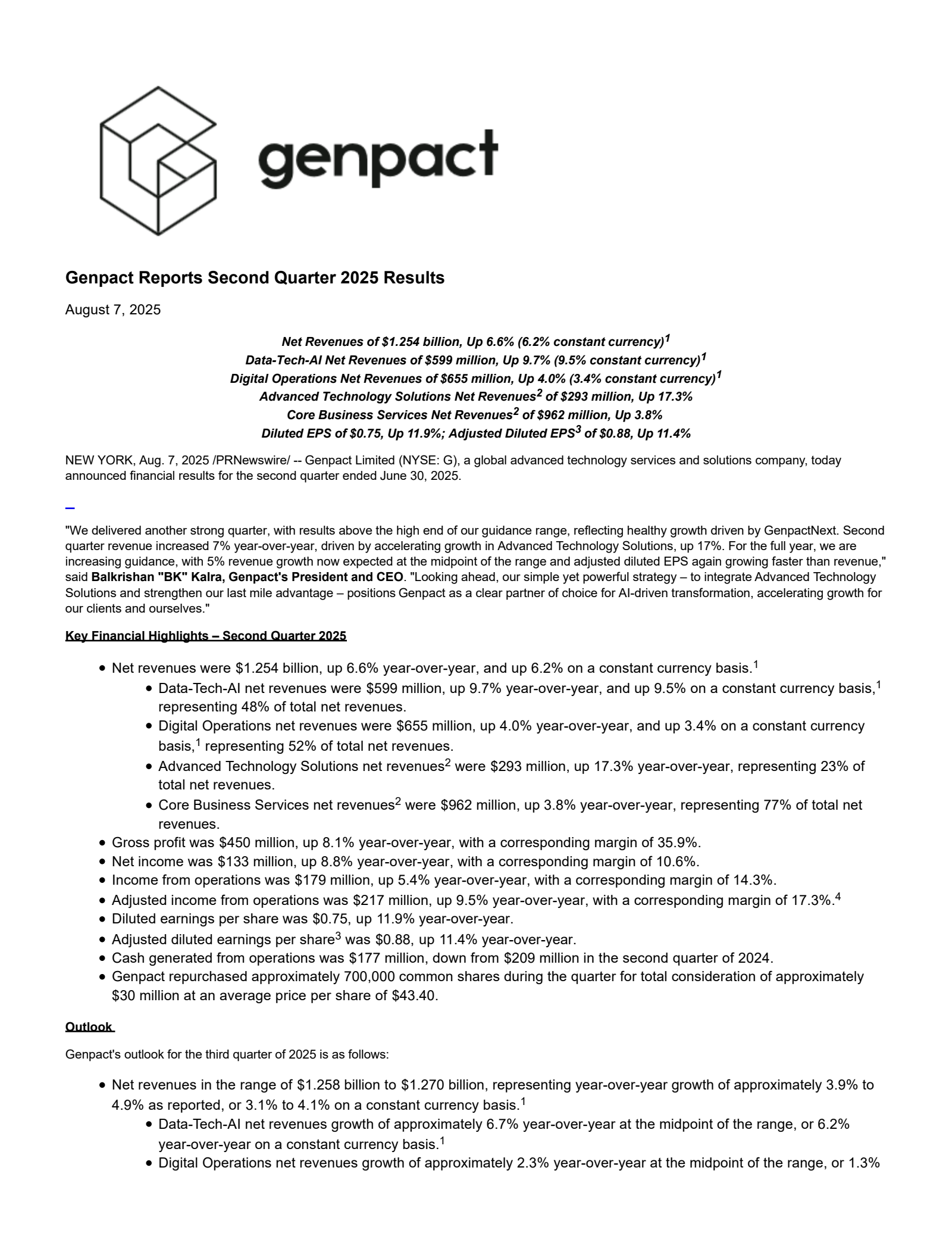 Genpact's Q2 2025 Press Release