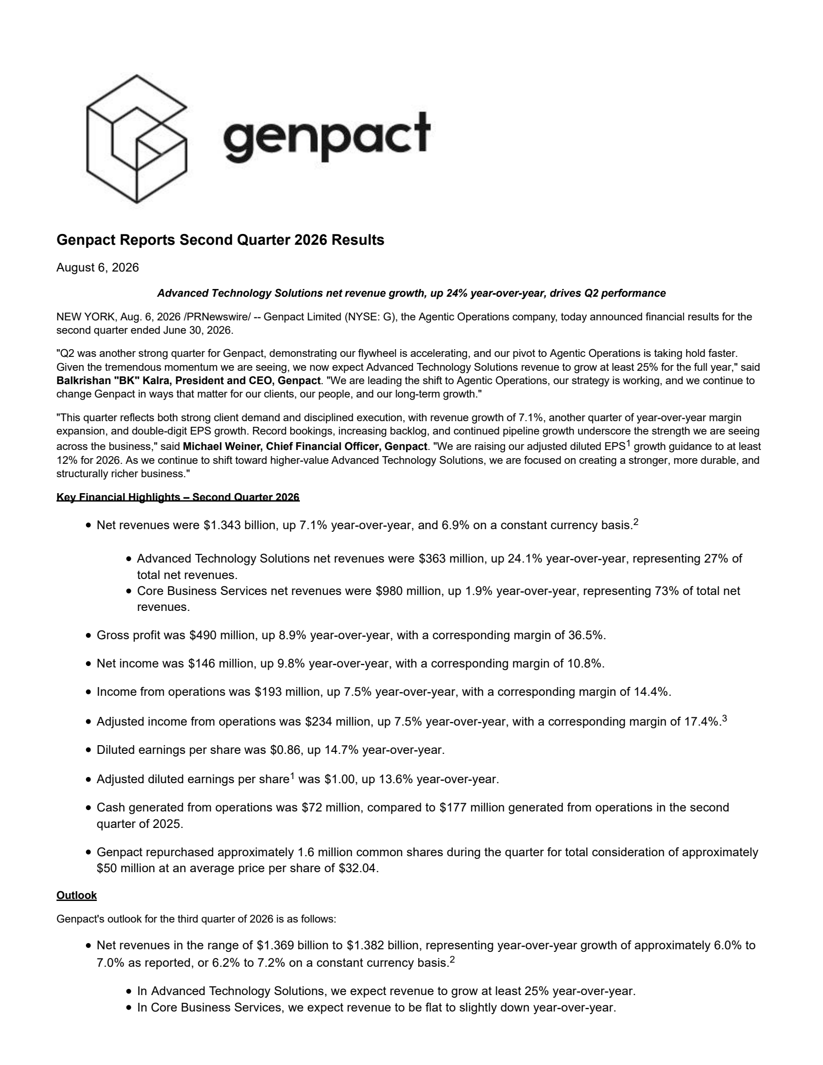 Genpact's Q2 2026 Press Release