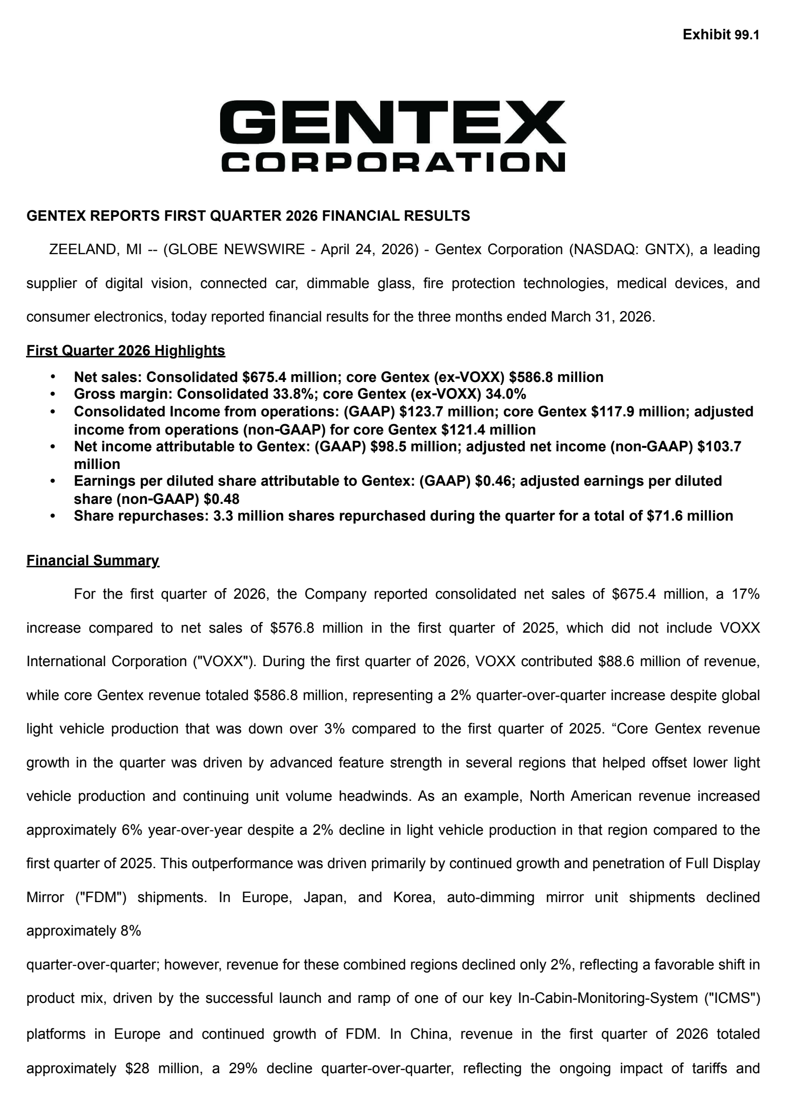 Gentex's Q1 2026 Press Release