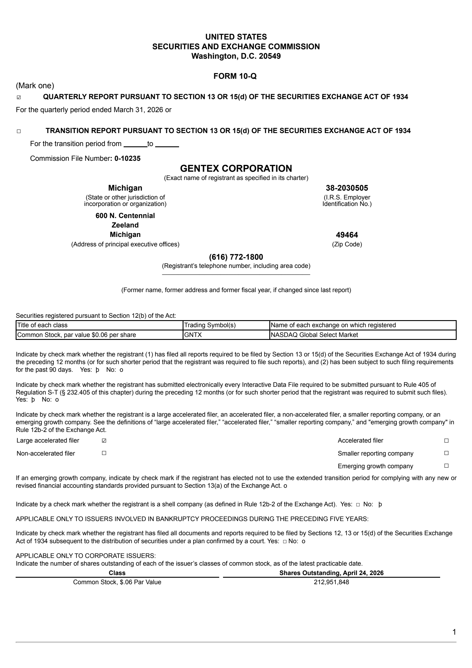 Gentex's Q1 2026 Quarterly report