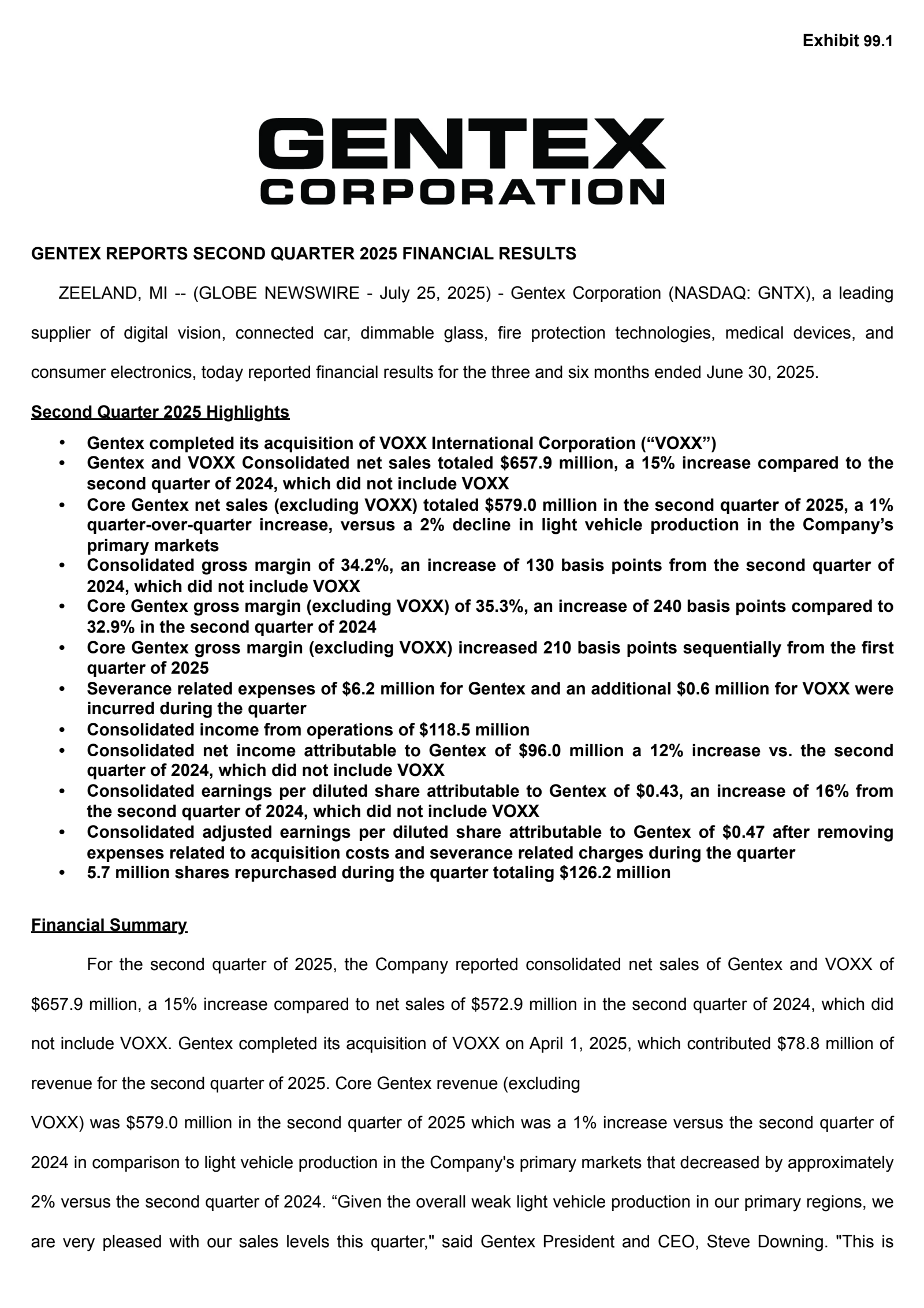 Gentex's Q2 2025 Press Release