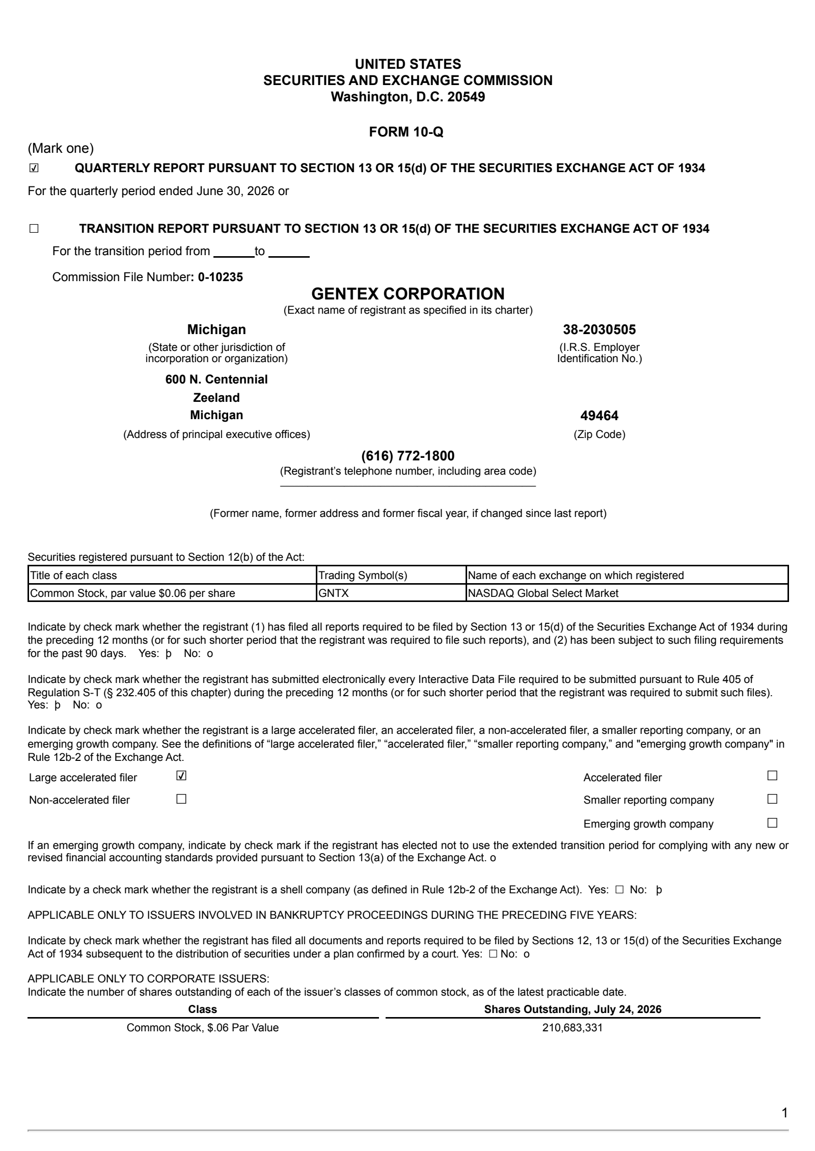 Gentex's Q2 2026 Quarterly report