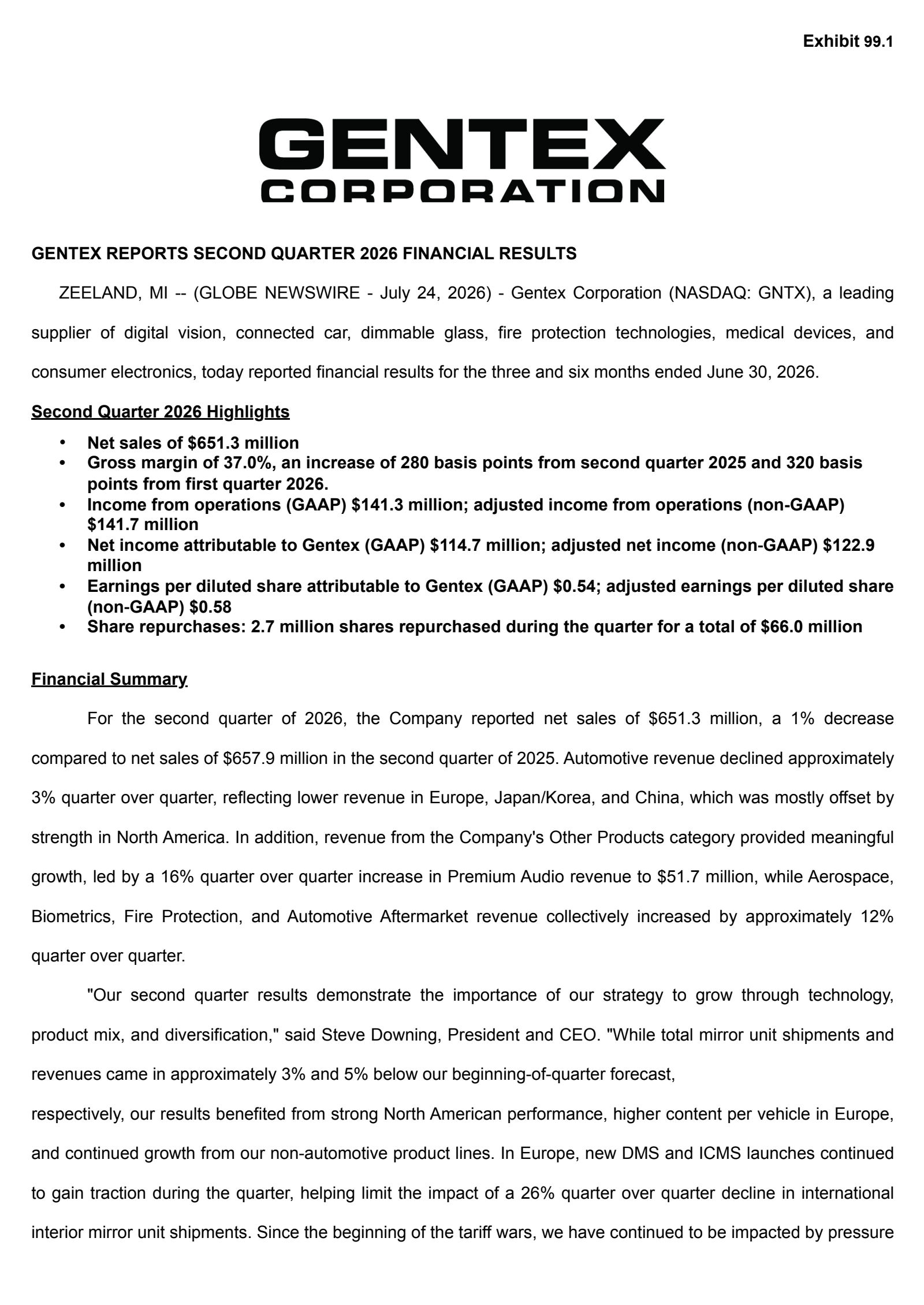 Gentex's Q2 2026 Press Release