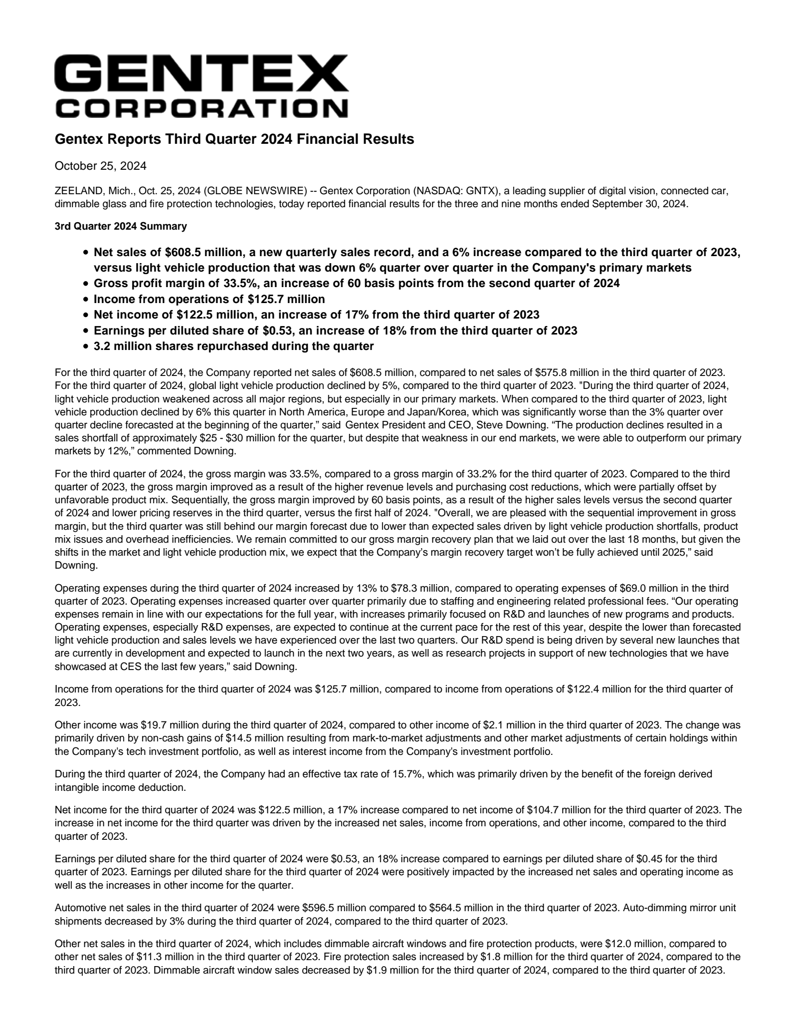 Gentex's Q3 2024 Press Release