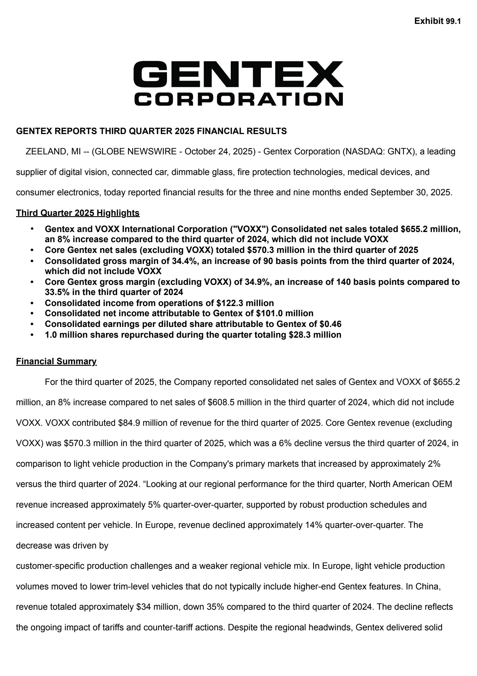 Gentex's Q3 2025 Earnings Release