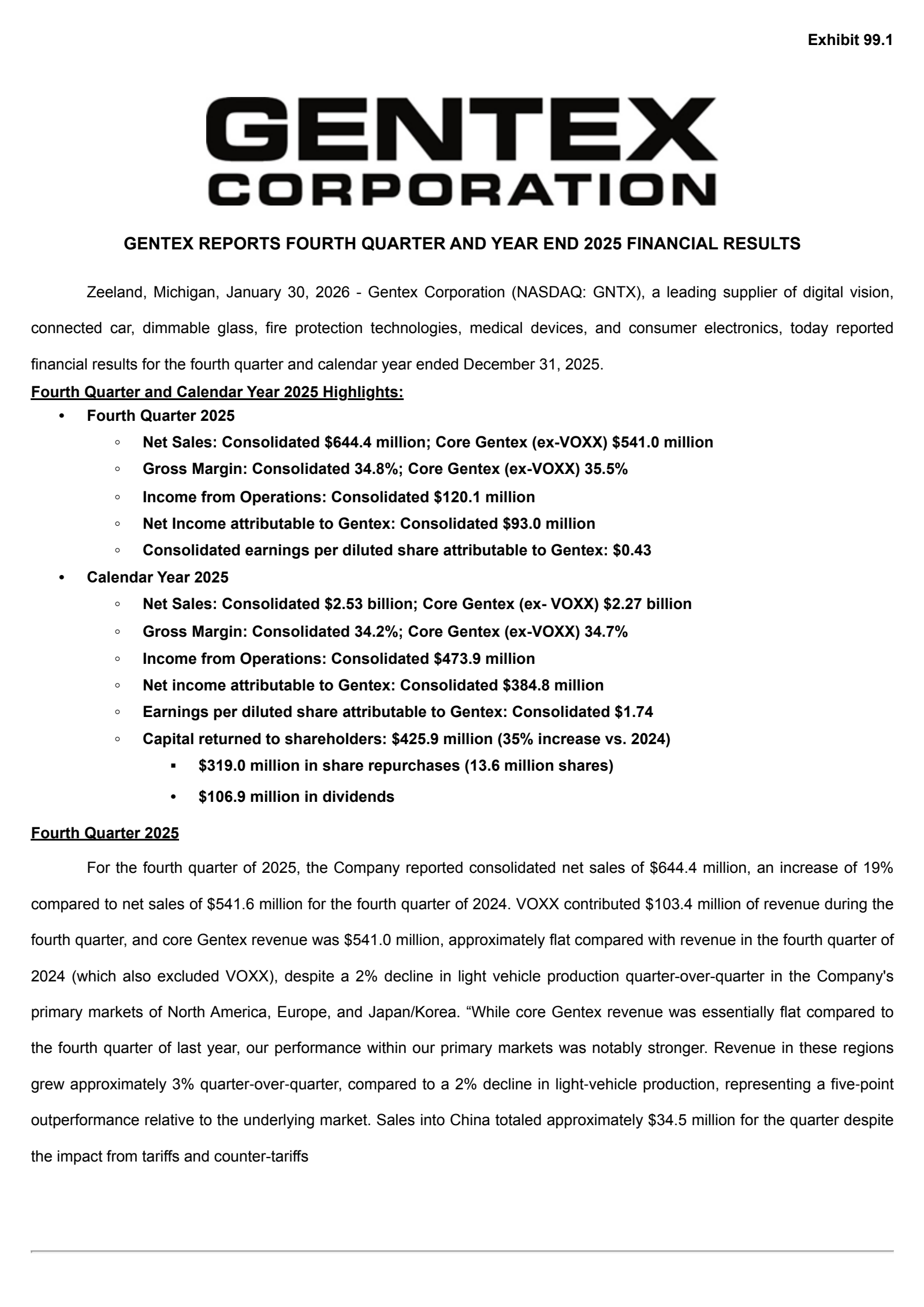 Gentex's Q4 2025 Press Release