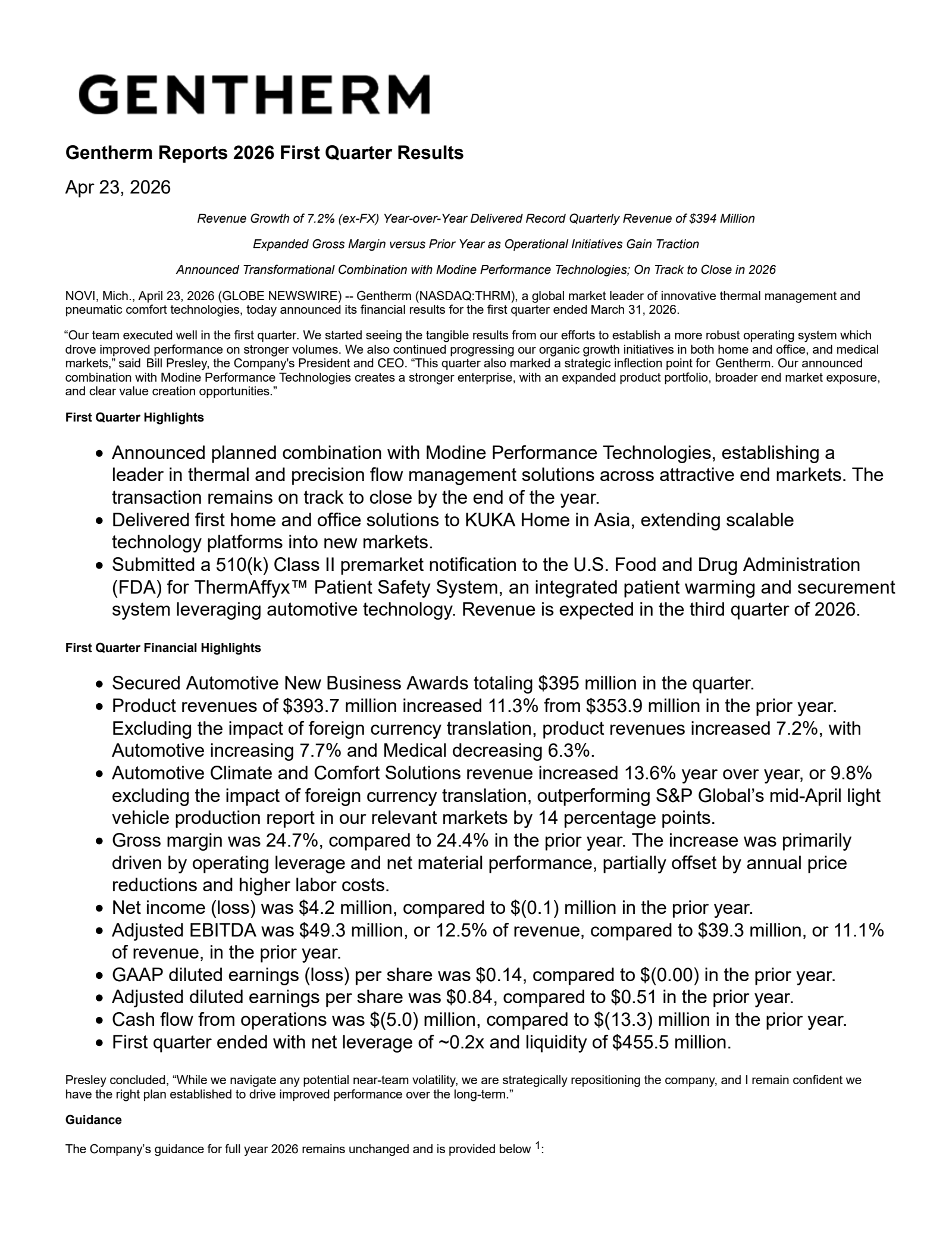 Gentherm's Q1 2026 Press Release