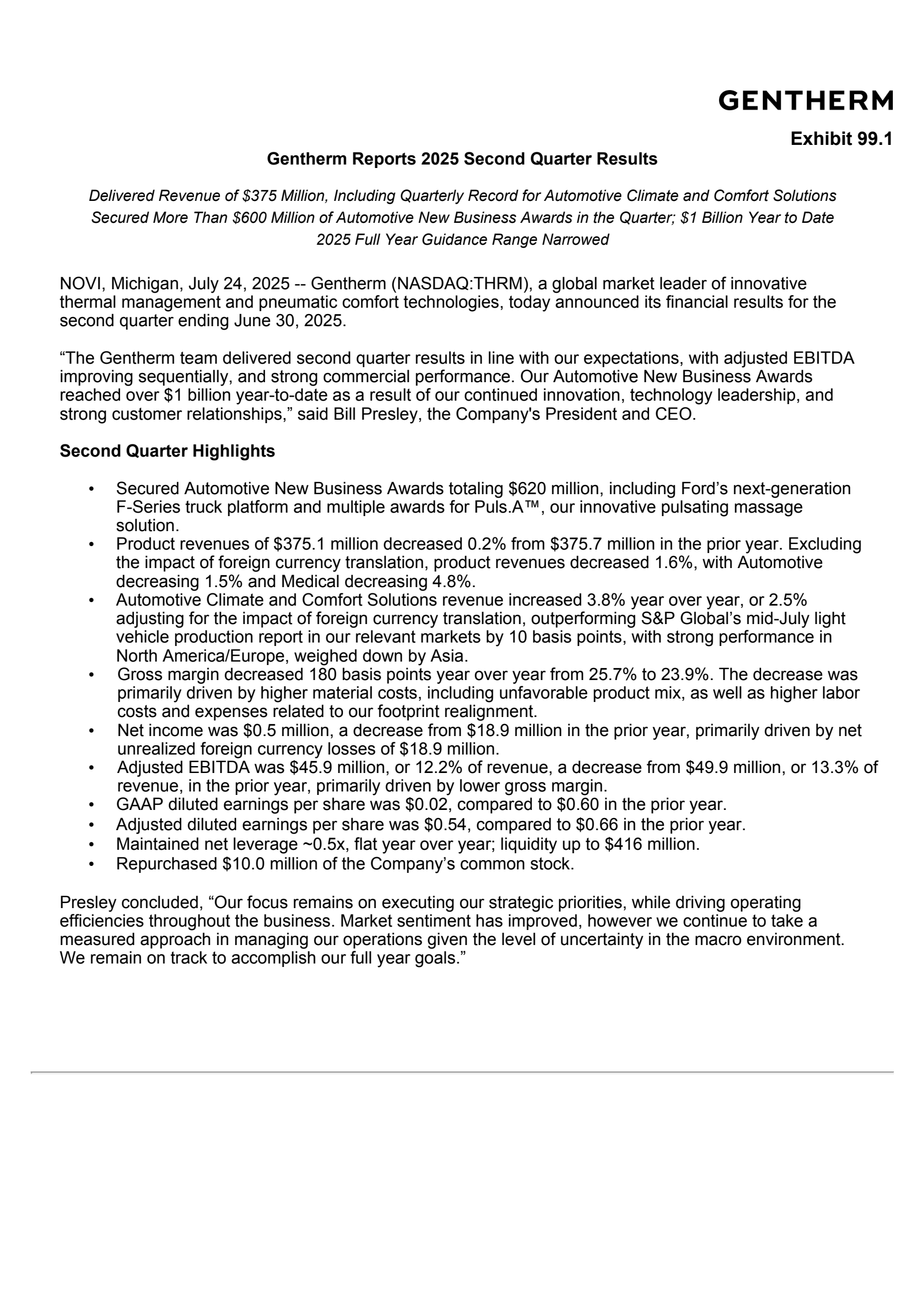 Gentherm's Q2 2025 Press Release