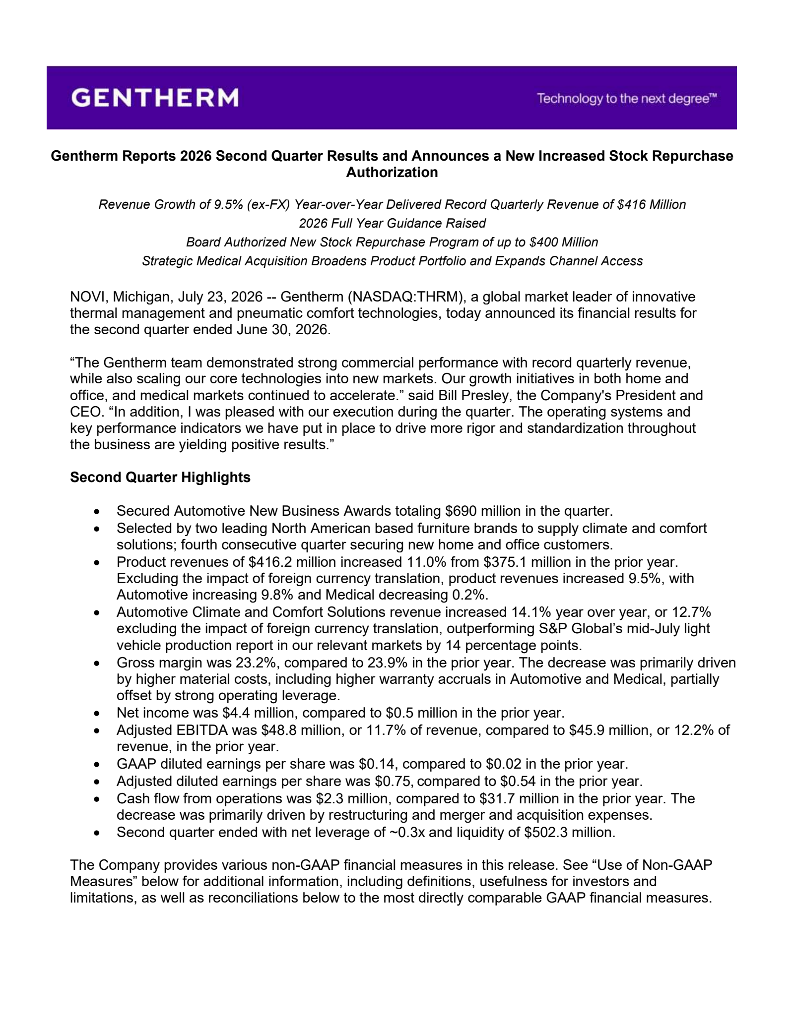 Gentherm's Q2 2026 Press Release