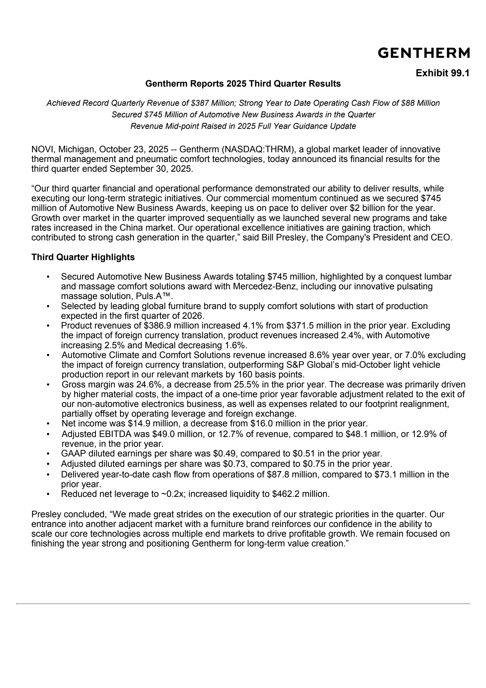 Gentherm's Q3 2025 Earnings Release