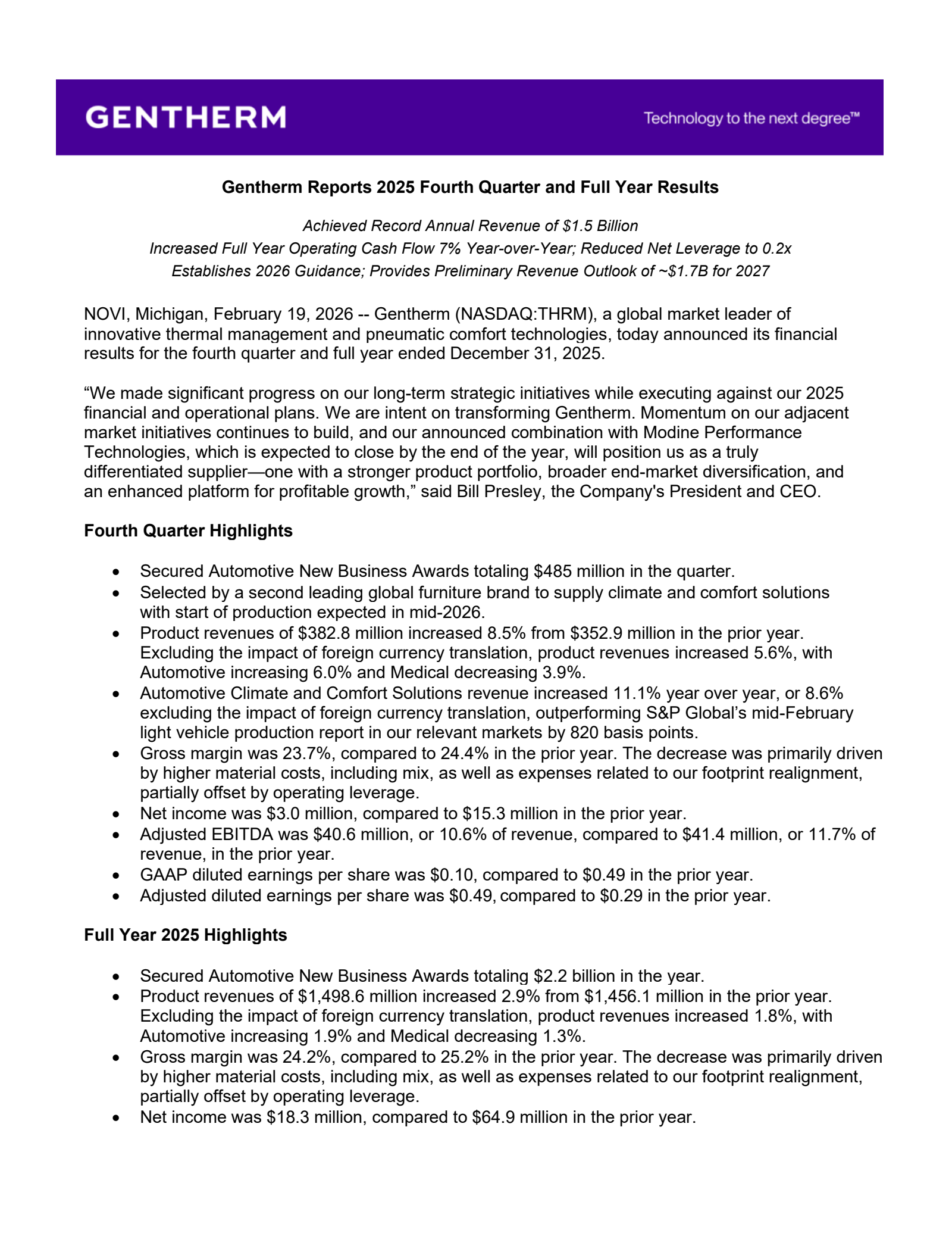 Gentherm's Q4 2025 Press Release
