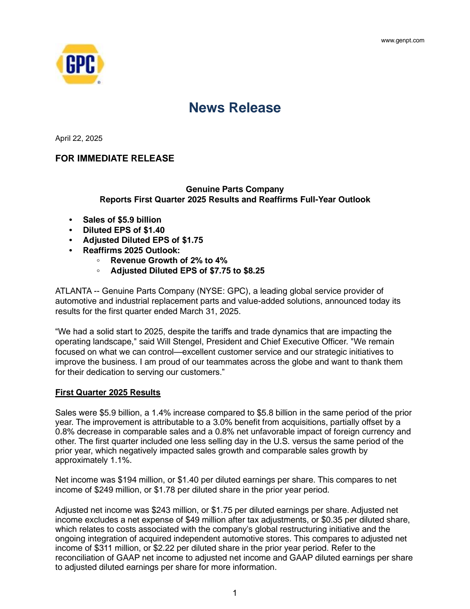 Genuine Parts' Q1 2025 Press Release