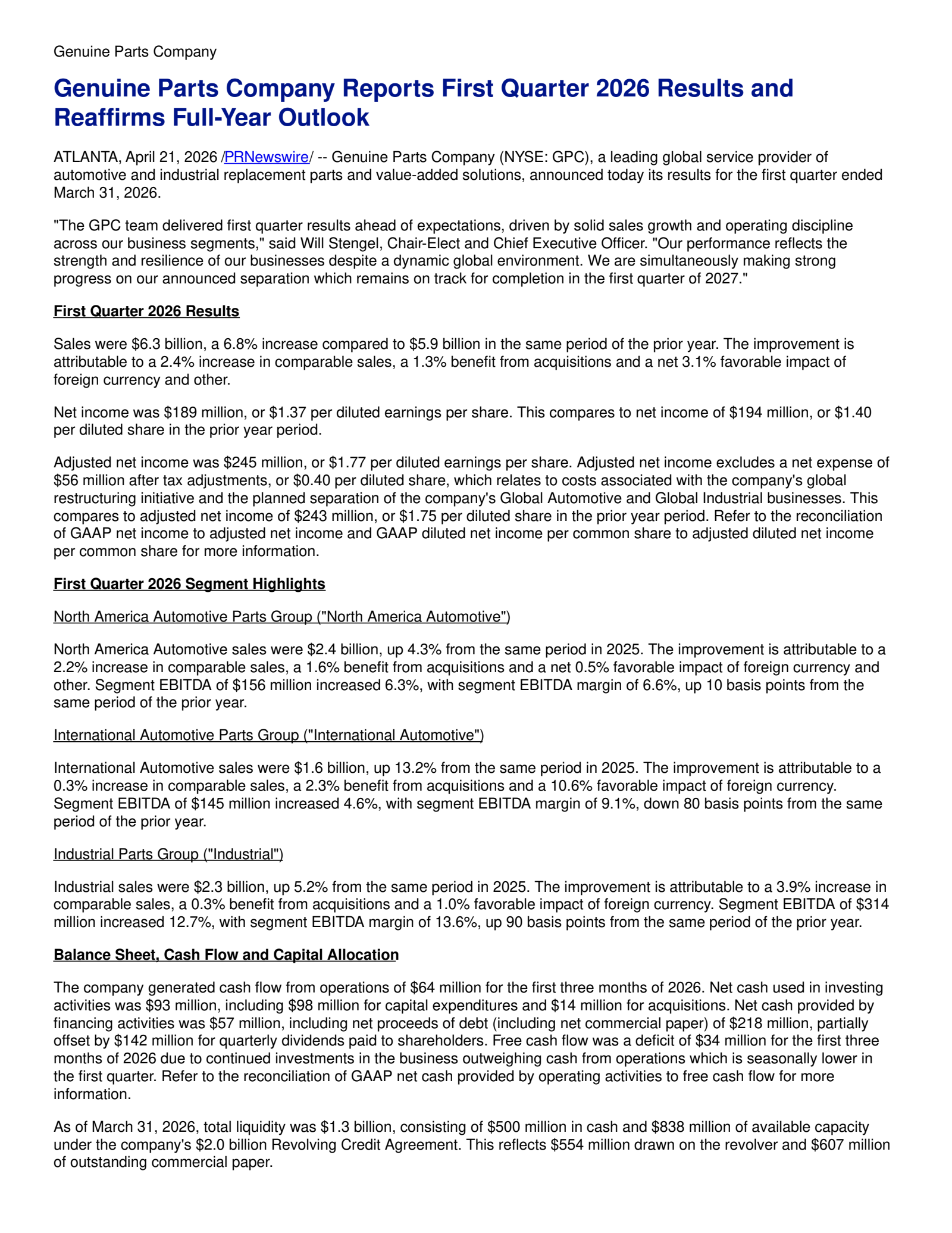 Genuine Parts' Q1 2026 Press Release