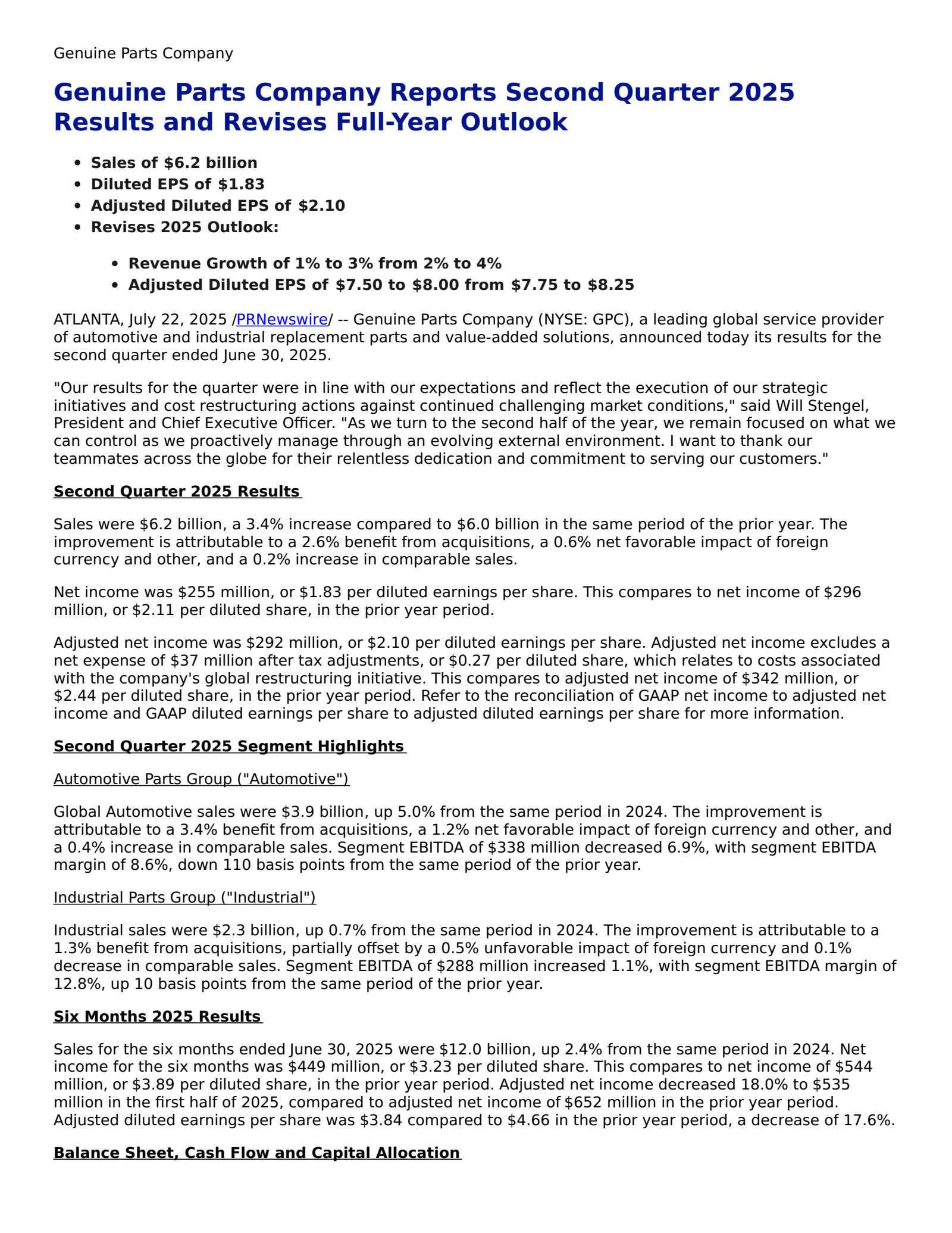 Genuine Parts' Q2 2025 Press Release